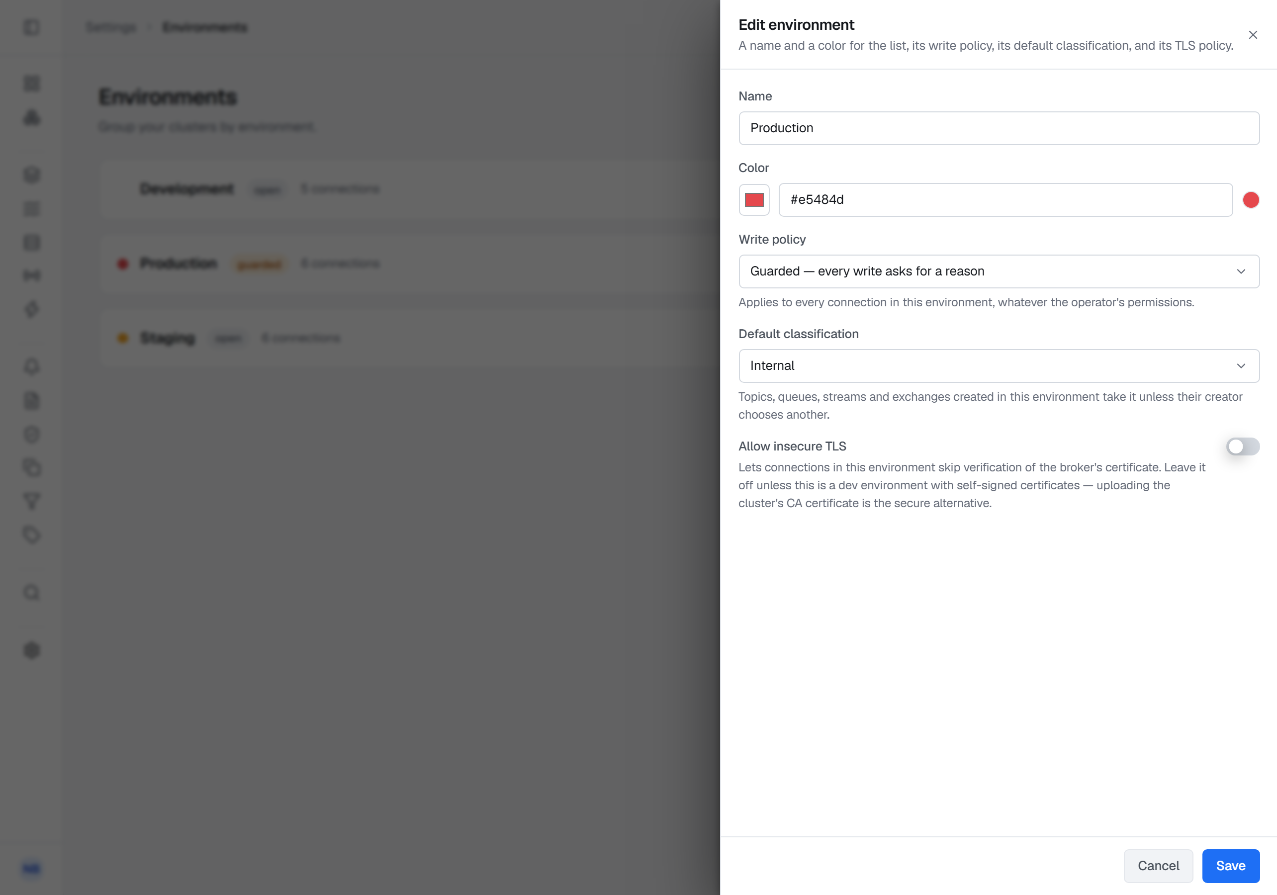 The Edit environment sheet for Production: name, colour, the write policy set to Guarded — every write asks for a reason, the default classification set to Internal, and the Allow insecure TLS switch left off.