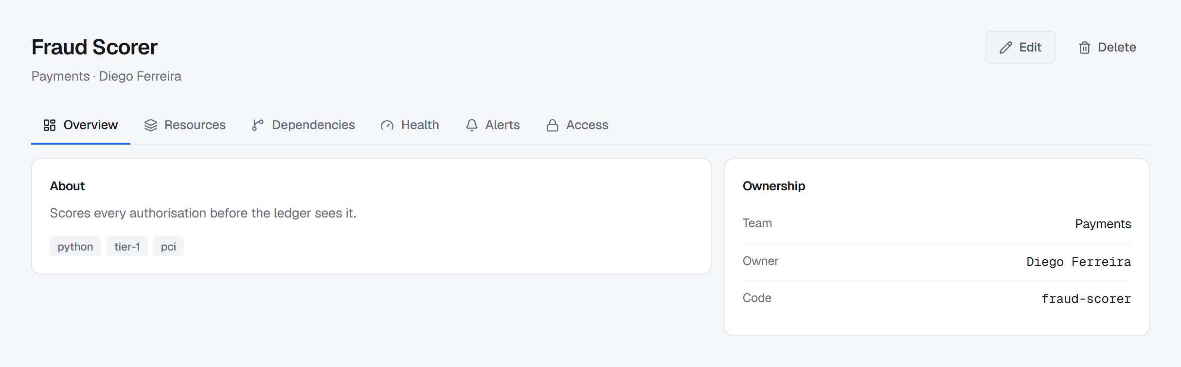 An application's Overview tab: the About card with its description and tags, and the Ownership card naming the team, the owner and the code.