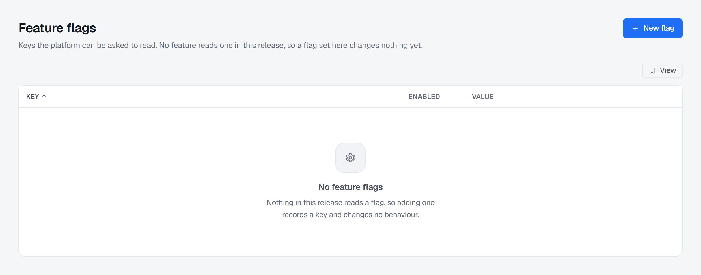 Settings › Feature flags: the flags stored on this installation with their values, above a note that nothing in this release reads one.