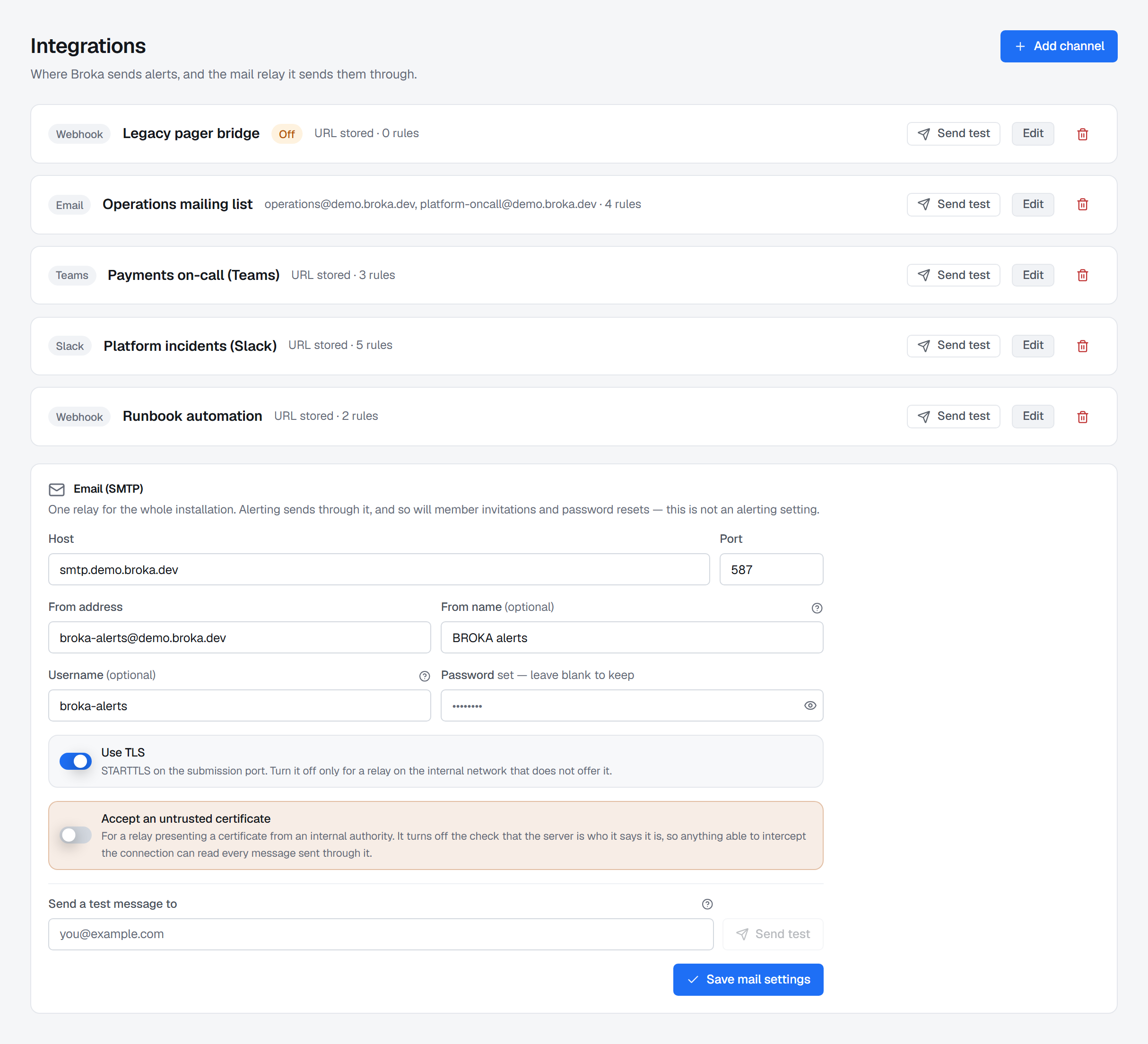 Settings › Integrations: the notification channels configured on this installation, each with its kind and a Send test, and the installation's SMTP relay beneath them.