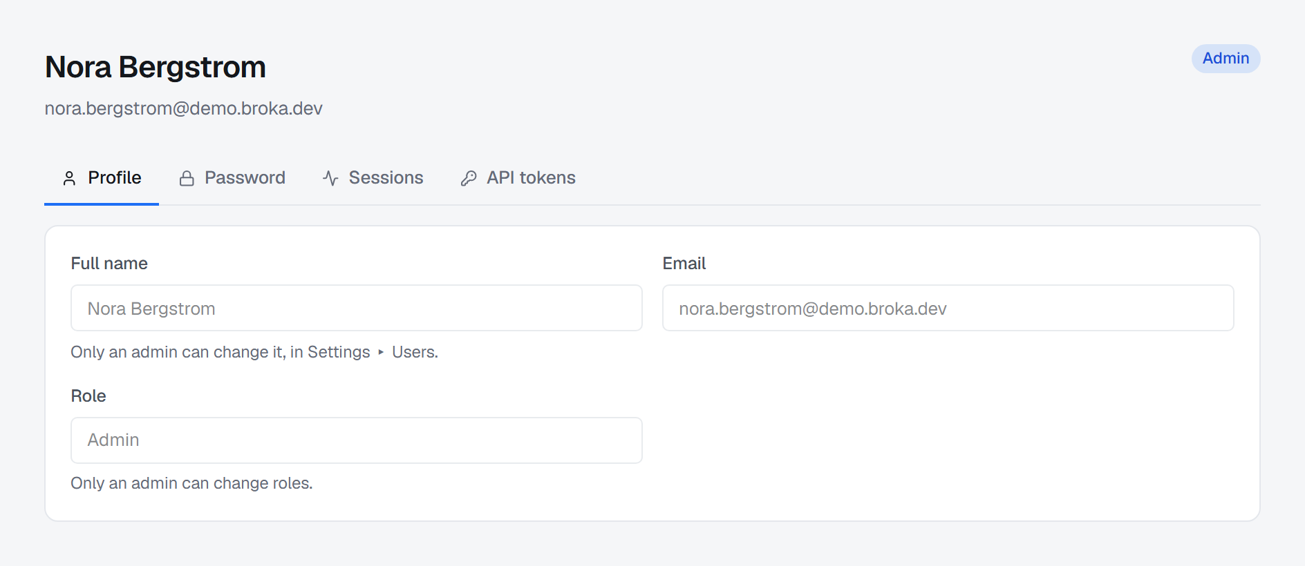The Profile tab of Nora Bergstrom's own account, marked Admin: Full name, Email and Role shown in greyed-out fields, with Only an admin can change it, in Settings ▸ Users under the name and Only an admin can change roles under the role — and no Save button.