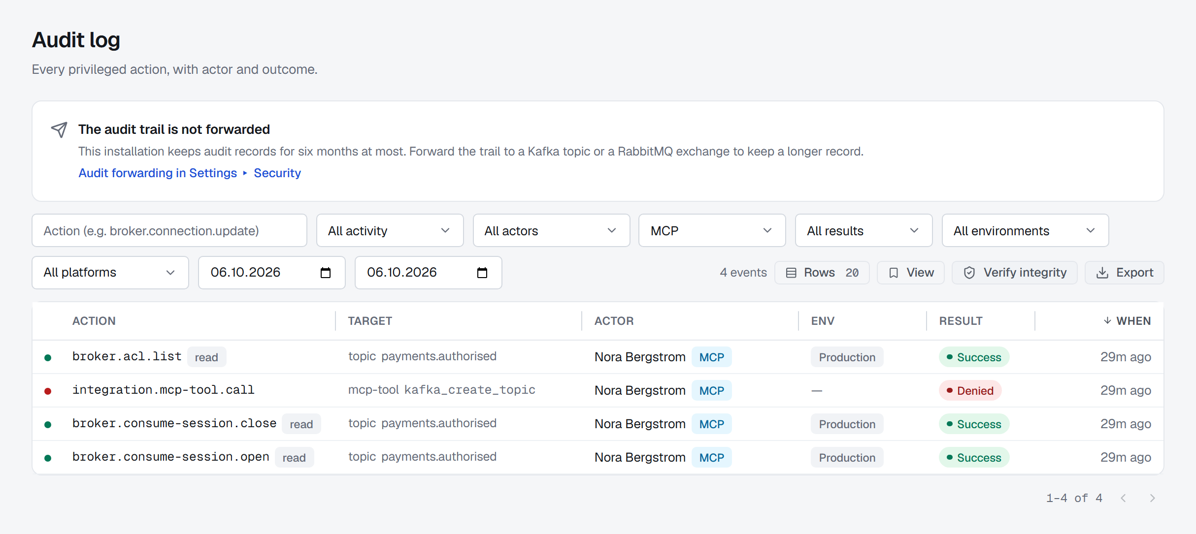 Operations ▸ Audit Logs filtered to the MCP channel: four events, each with the MCP badge beside the token's owner — a topic's messages read through a consume session opened and closed, the topic's ACLs read, and integration.mcp-tool.call for kafka_create_topic, Denied.