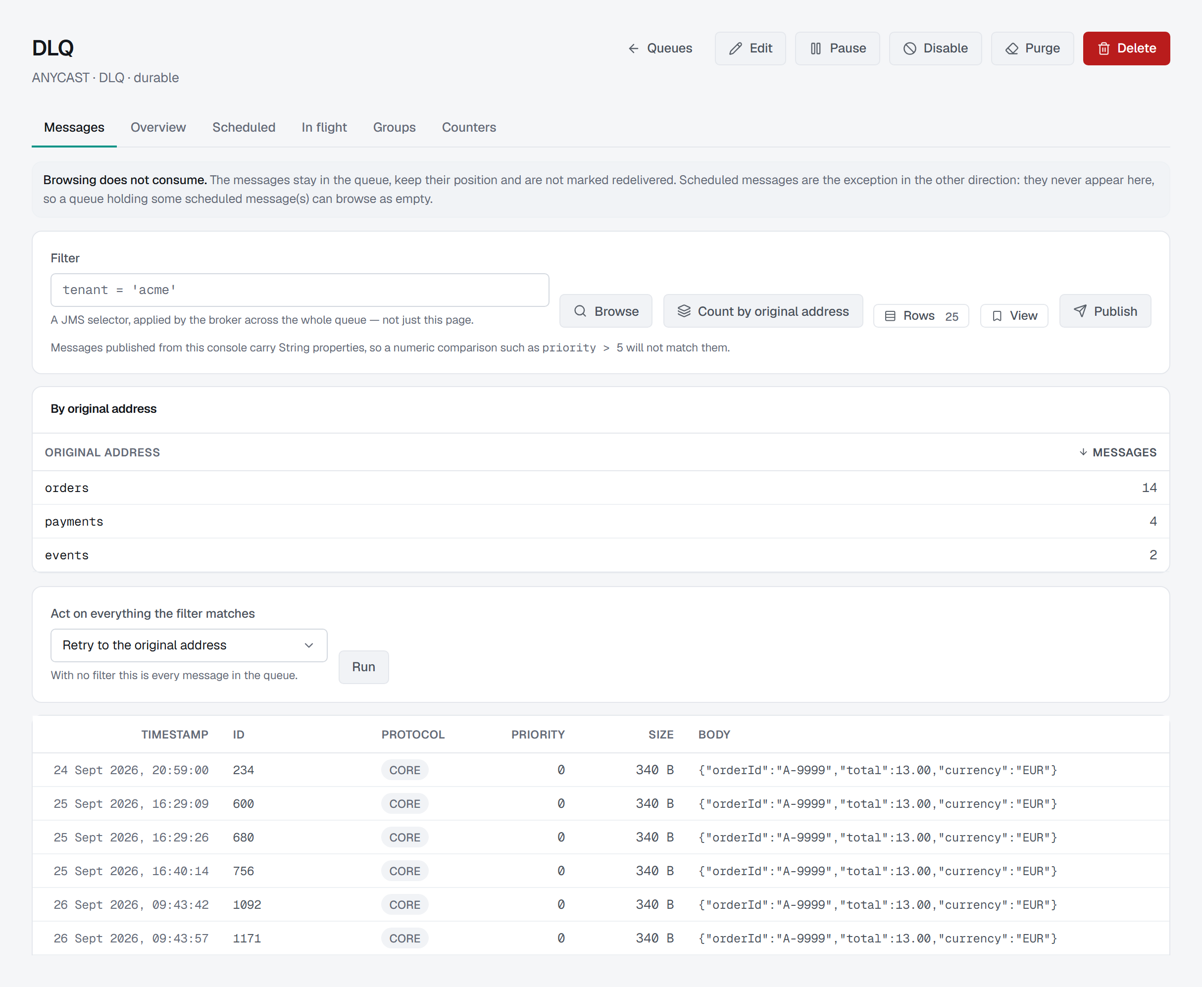 The DLQ's Messages tab after Count by original address: a By original address table — orders 14, payments 4, events 2 — above the bulk panel with Retry to the original address chosen and the dead letters browsed below.