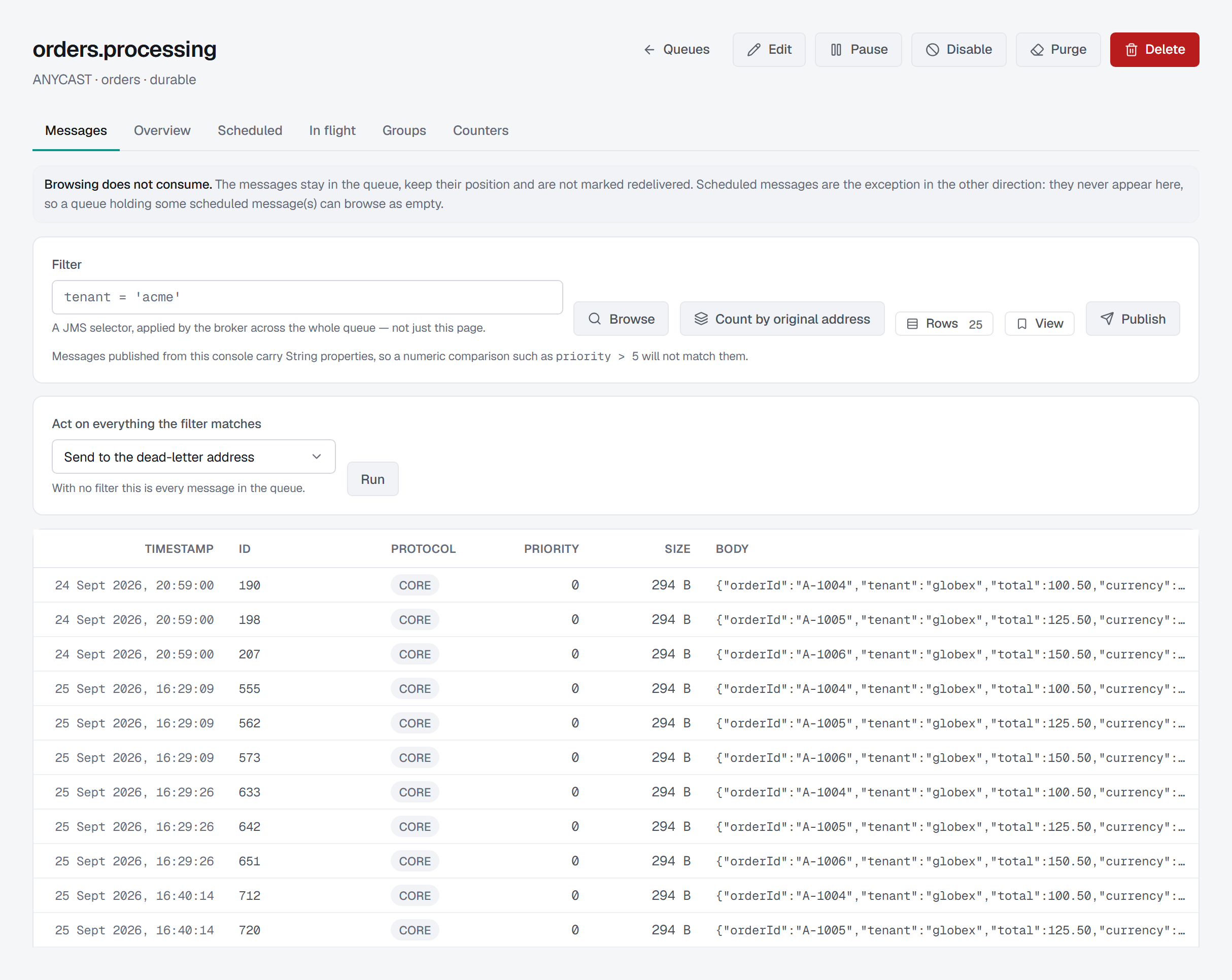 The Messages tab: the browse note, the selector box with Count by original address beside it, the bulk-action panel and the browsed messages with their timestamp, id, protocol, priority, size and body.