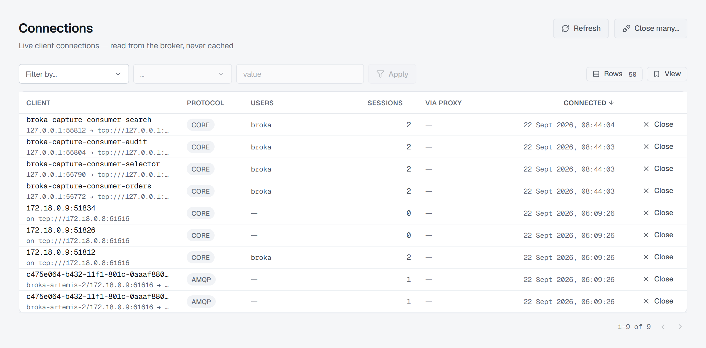 The Connections list: each client with its address, protocol, the users across its sessions, how many sessions it holds and when it connected.
