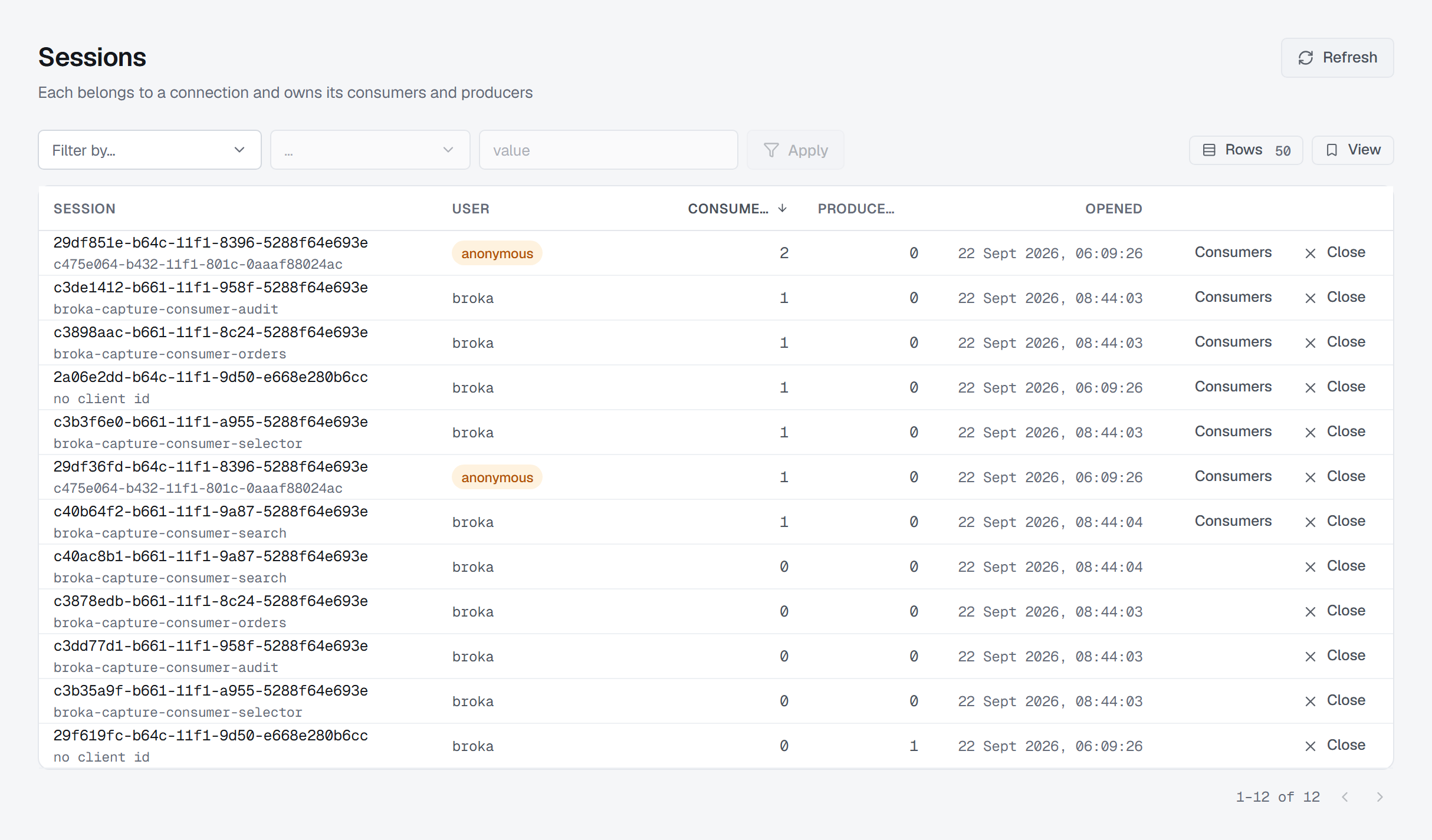 The Sessions list: each session under its client id, with its user, consumer and producer counts and when it opened.