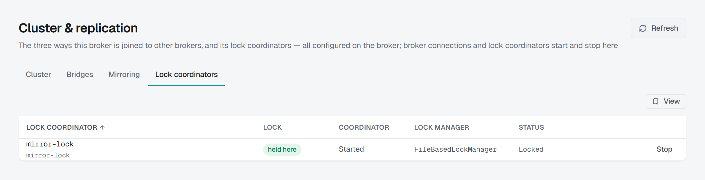 The Lock coordinators tab: one coordinator, mirror-lock, with its lock held here, the coordinator Started, FileBasedLockManager as its lock manager, status Locked, and Stop at the end of the row.