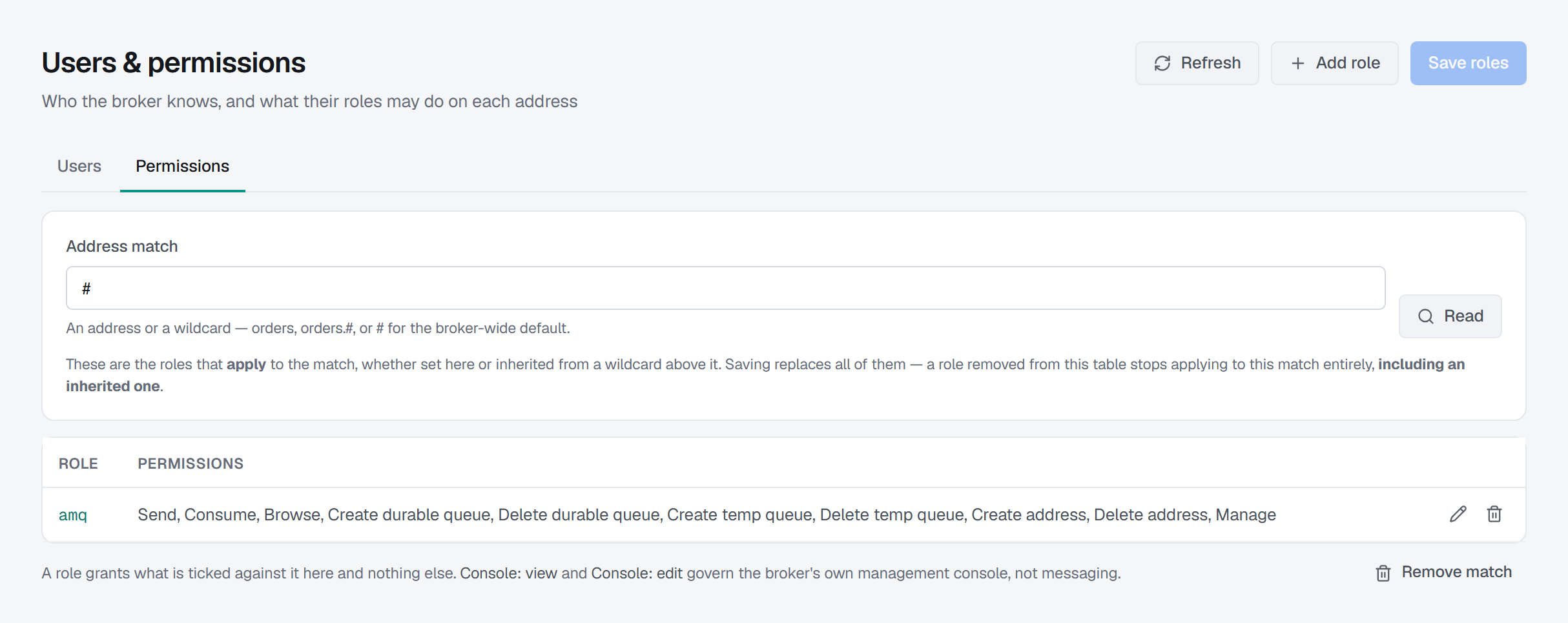 The Permissions tab: an address match set to #, the roles that apply to it — here amq with every messaging, queue, address and management permission but neither console one — and Add role, Save roles and Remove match actions.