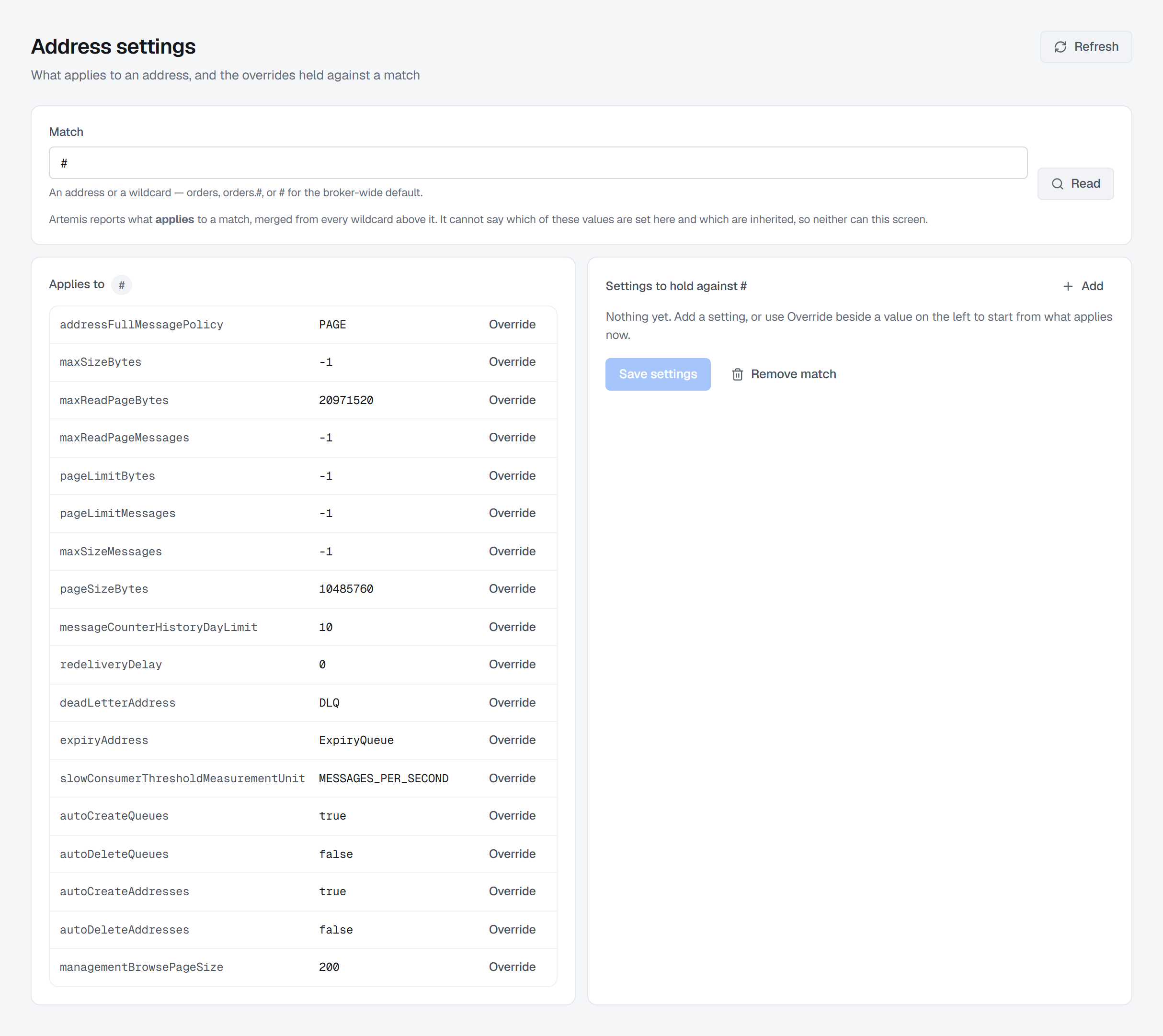 The Address settings screen: the match box, the note about what the broker can and cannot report, and the effective values each with its own Override button.