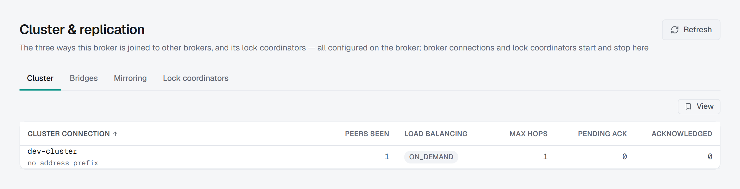 The Cluster tab: one cluster connection with the peers it currently sees, its message load-balancing type, max hops, and its acknowledgement counters.