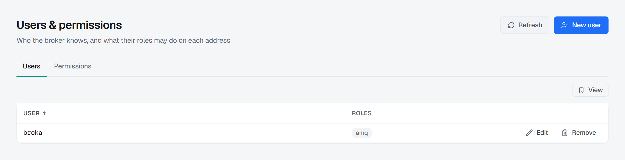 The Users tab: the broker's properties-module users with the roles each one holds.