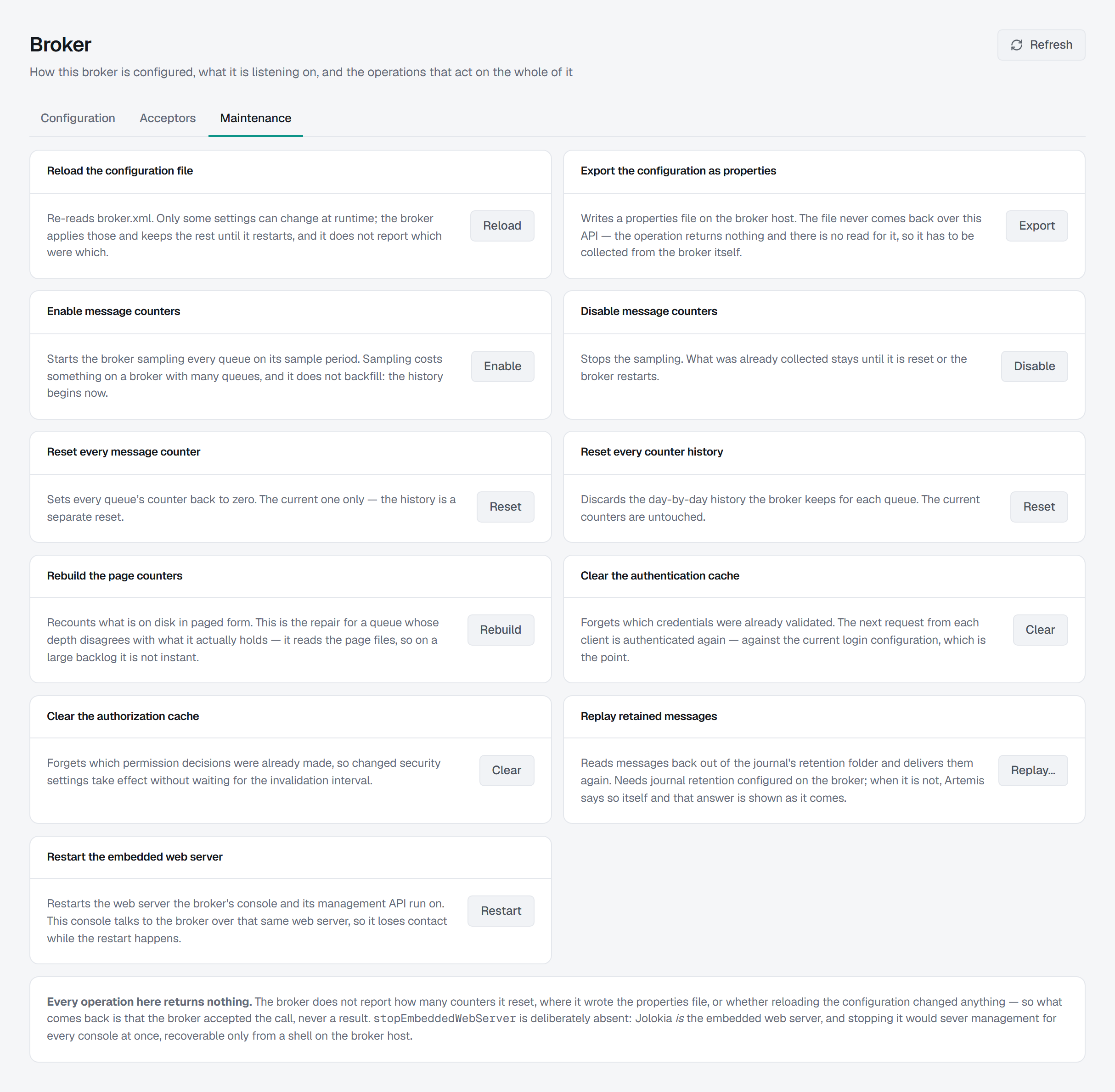 The Maintenance tab: each operation as its own card with what it does and the button that runs it.