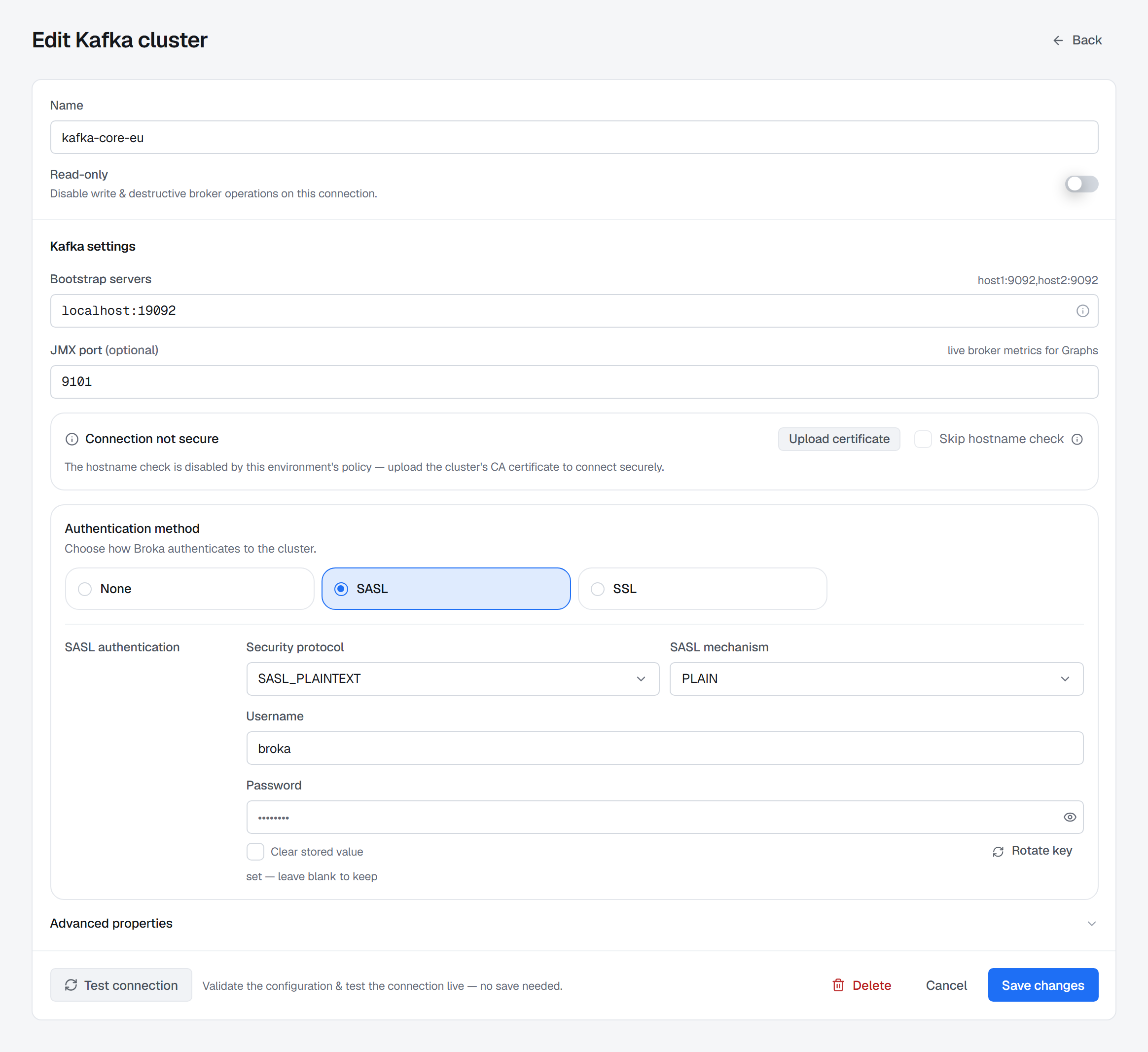 The connection form for a Kafka cluster, here editing an existing one: name, the read-only switch, bootstrap servers, an optional JMX port, a certificate section, the authentication method set to SASL with its protocol, mechanism, username and a stored password shown as set, and Test connection beside Save.