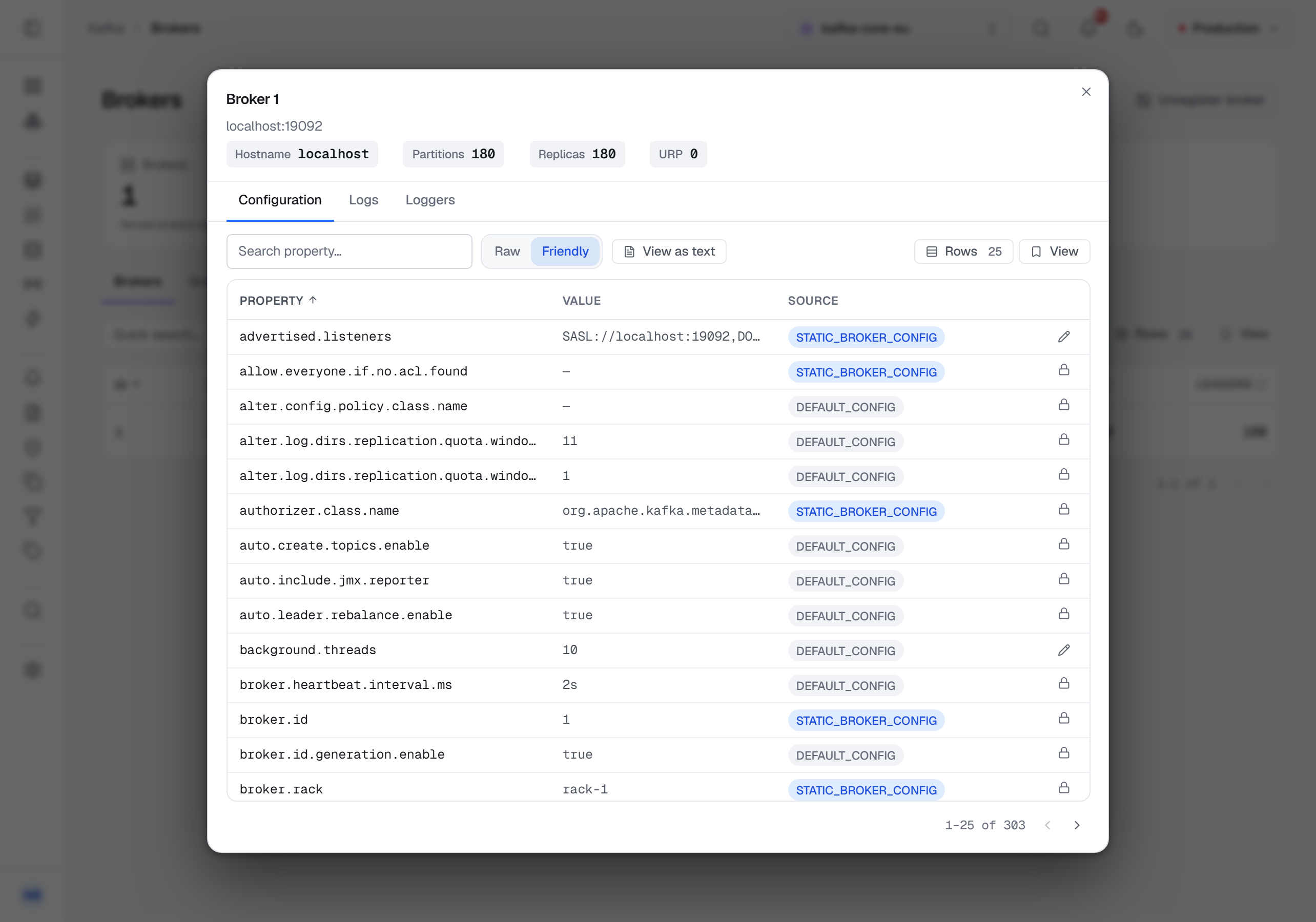 The broker modal on its Configuration tab, beside Logs and Loggers: the broker's hostname, partition, replica and under-replicated counts, then a searchable property table in Friendly or Raw display, with View as text, listing each value and its source — STATIC_BROKER_CONFIG or DEFAULT_CONFIG — and a pencil on each property that can change while the broker runs, a lock on each that cannot.