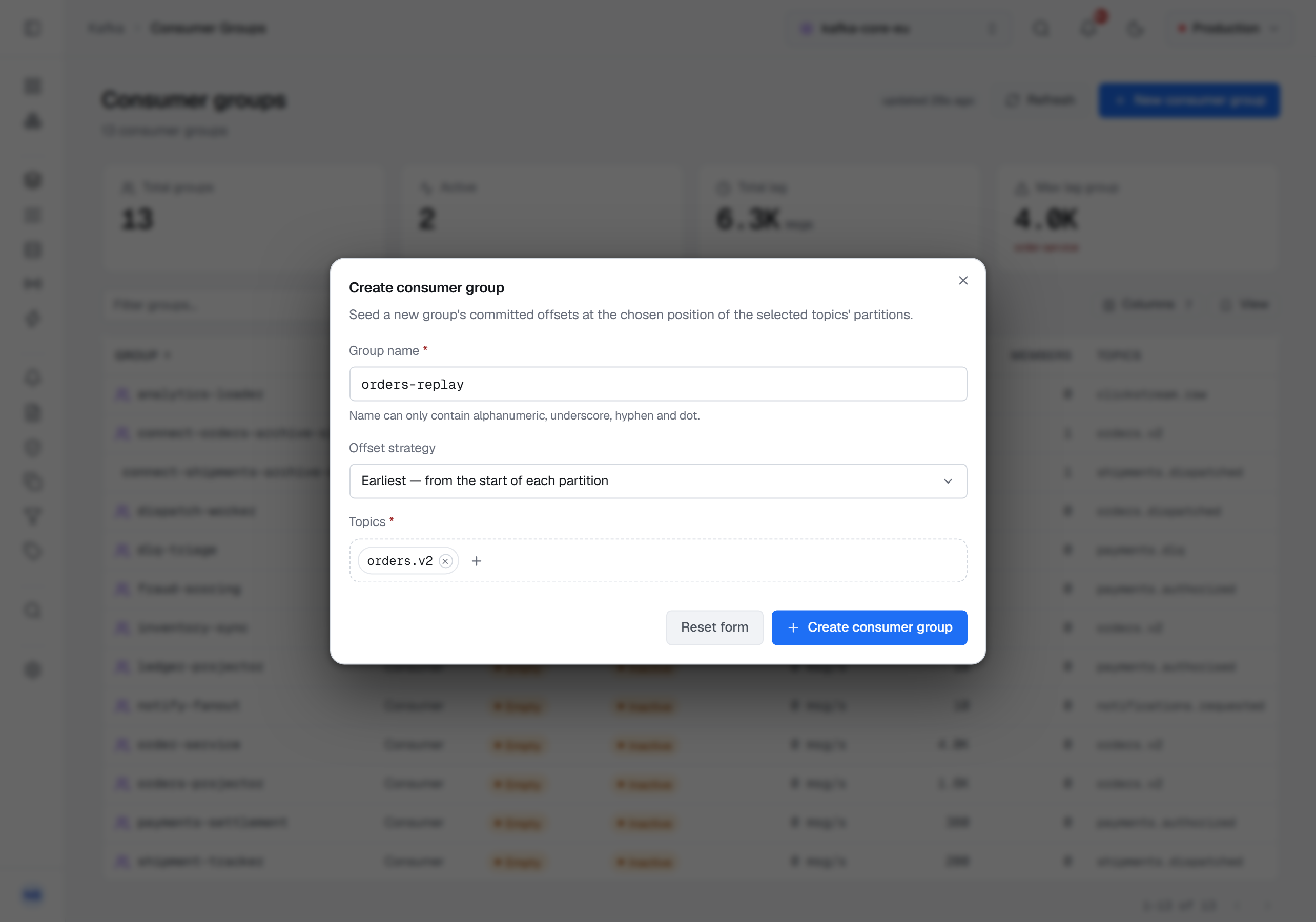The Create consumer group dialog over the Consumer groups list: the name orders-replay with the rule on which characters a name may contain, Offset strategy set to Earliest — from the start of each partition, the topic orders.v2 chosen, and Reset form beside Create consumer group.