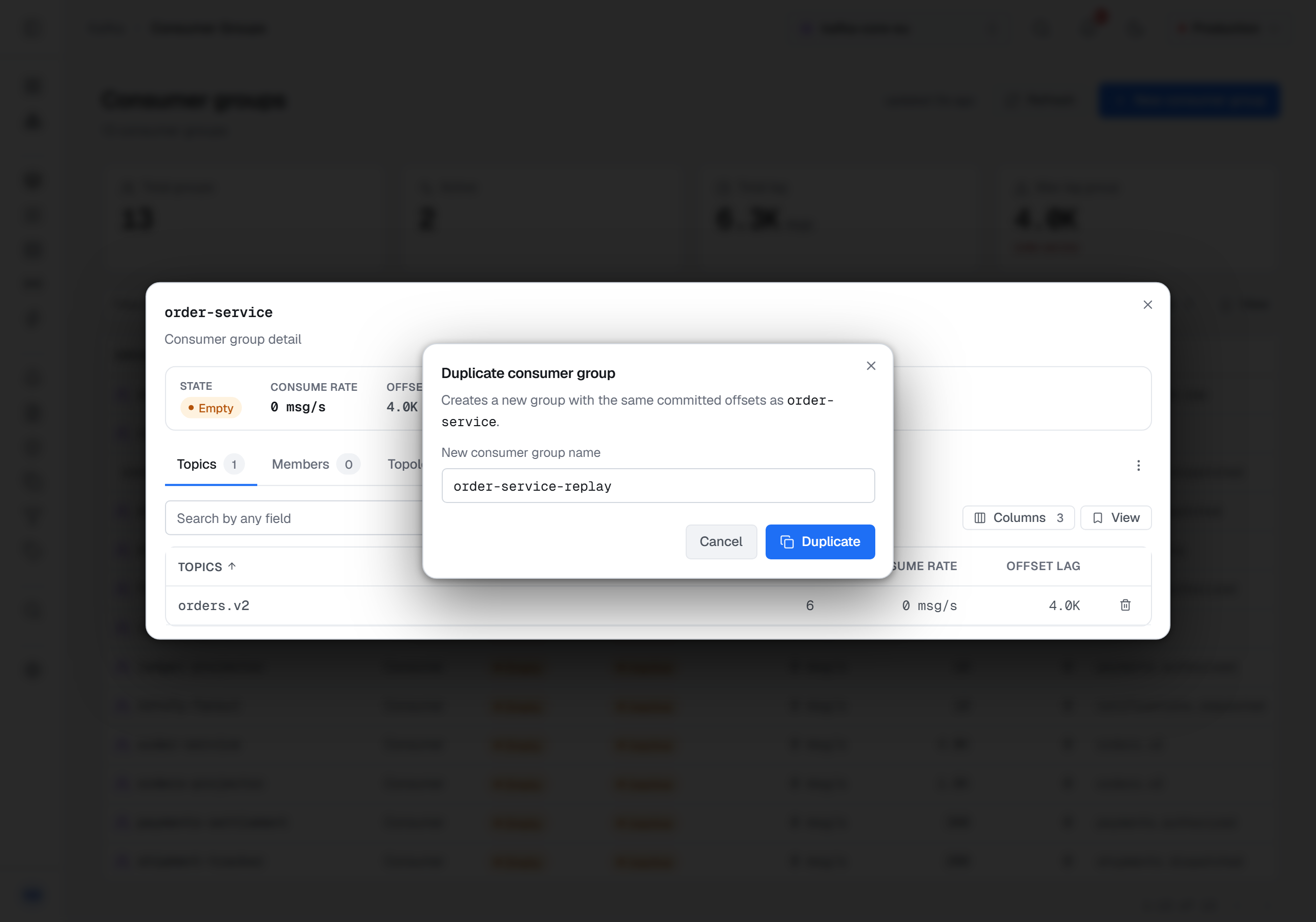 The Duplicate consumer group dialog over the detail of order-service, an Empty group reading orders.v2 with 4.0K of offset lag: Creates a new group with the same committed offsets as order-service, and the new group name order-service-replay, with Cancel beside Duplicate.