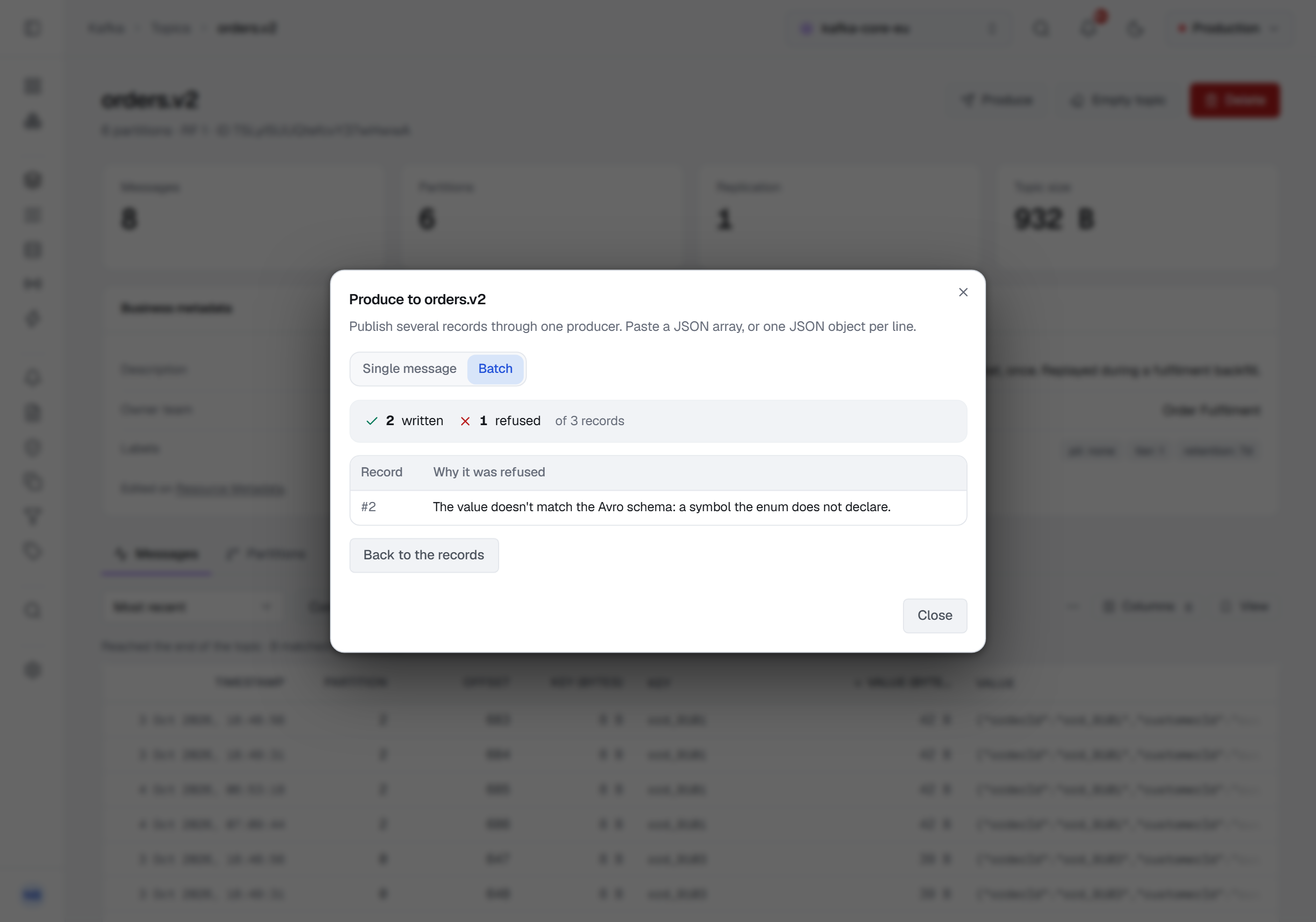 The Produce dialog for orders.v2 after a batch of three records has run: 2 written and 1 refused of 3 records, a table with one row — record #2, refused because the value doesn't match the Avro schema: a symbol the enum does not declare — then Back to the records and Close.