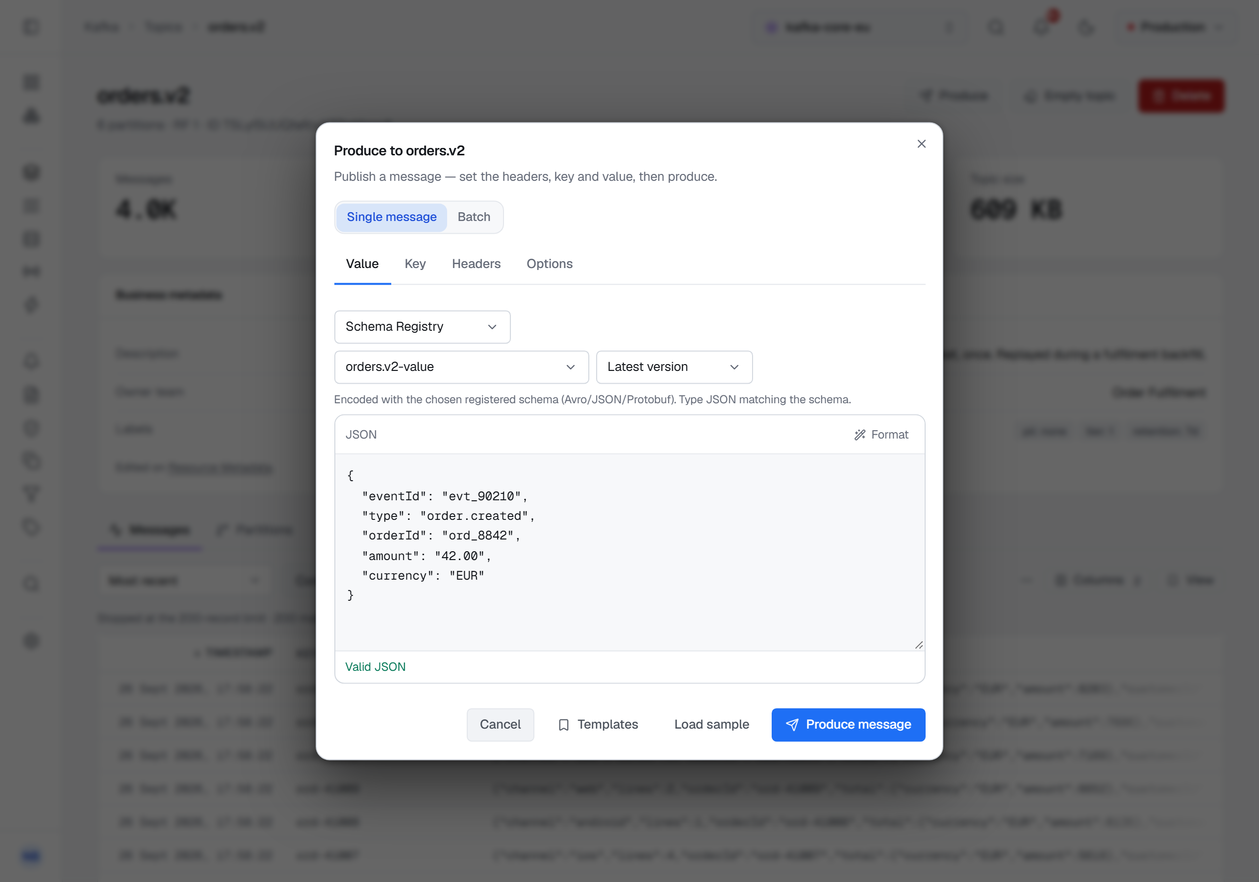 The Produce dialog for orders.v2, on Single message and its Value tab: the format set to Schema Registry with the subject orders.v2-value and Latest version beside it, a note that the value is encoded with the chosen registered schema, a JSON editor with a valid order event, and Cancel, Templates, Load sample and Produce message buttons.