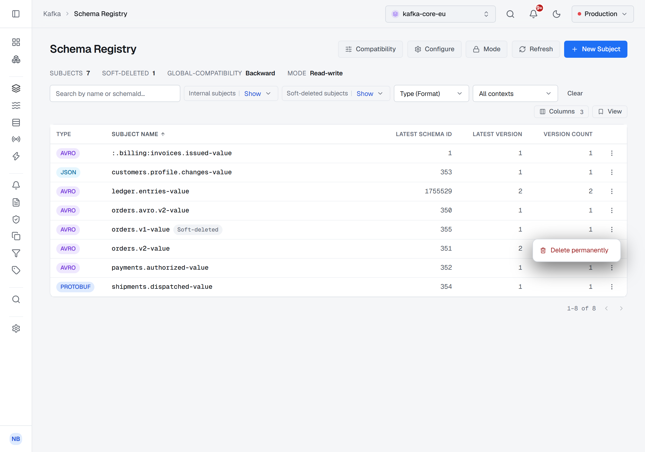 The subject list with Soft-deleted subjects set to Show: orders.v1-value has joined it, marked Soft-deleted, and its row menu offers one action, Delete permanently.