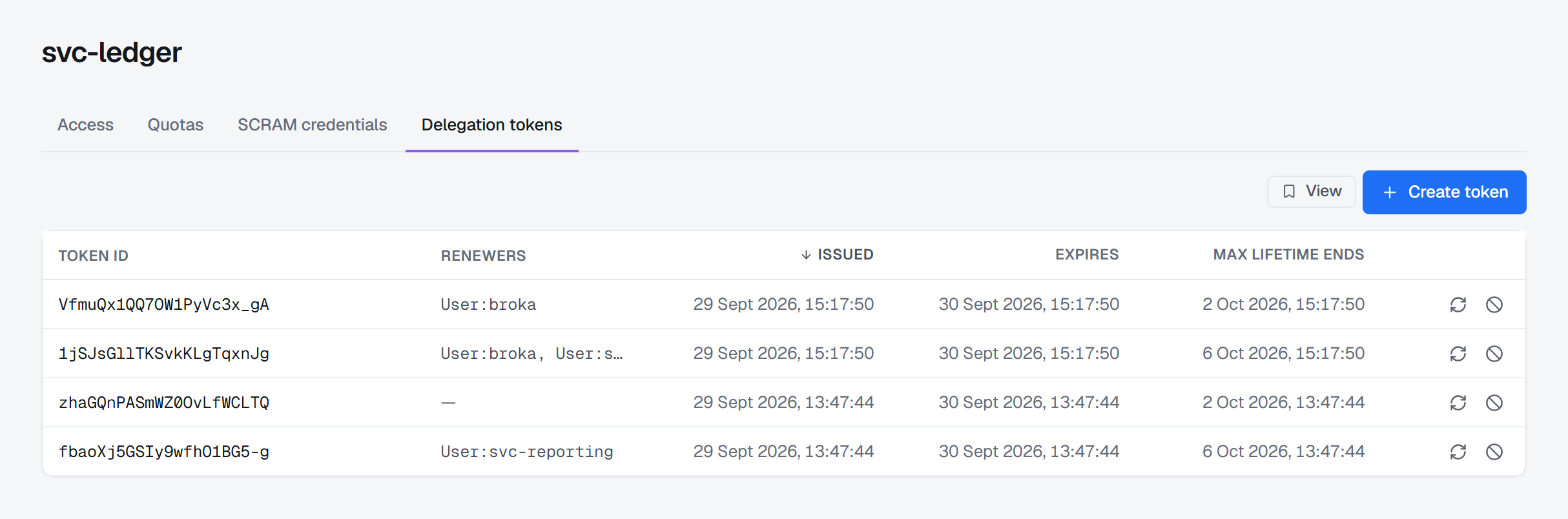 The Delegation tokens tab of svc-ledger: four tokens by token id, with their renewers — User:broka, User:broka with another, none, and User:svc-reporting — each issued on 29 September 2026, expiring a day later and with its maximum lifetime ending on 2 or 6 October; each row has a renew and an expire action, and Create token is above the table.