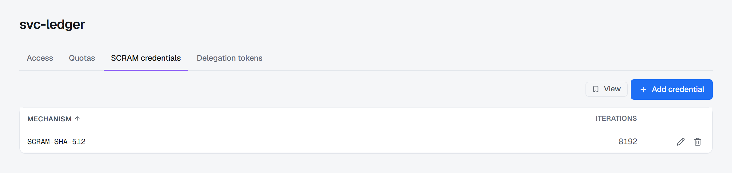 The SCRAM credentials tab of svc-ledger: one credential, SCRAM-SHA-512 stored with 8192 iterations, with a pencil and a delete icon on its row, and Add credential above the table.