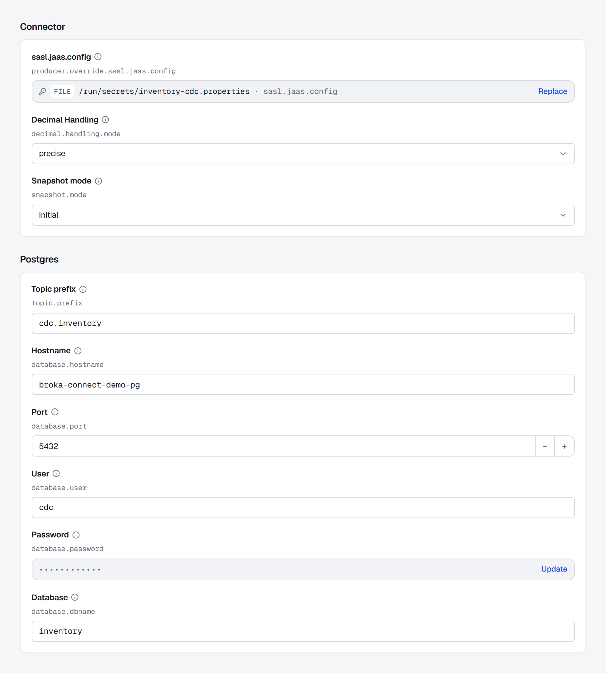 Two groups of the Configuration form of inventory-cdc-postgres, a Debezium Postgres source: in Connector, the producer's own login, producer.override.sasl.jaas.config, shown as a reference — FILE, /run/secrets/inventory-cdc.properties, key sasl.jaas.config — with Replace beside it, then Decimal Handling set to precise and Snapshot mode set to initial; in Postgres, the topic prefix cdc.inventory, the host broka-connect-demo-pg, port 5432, user cdc, the password as a mask with Update beside it, and the database inventory.