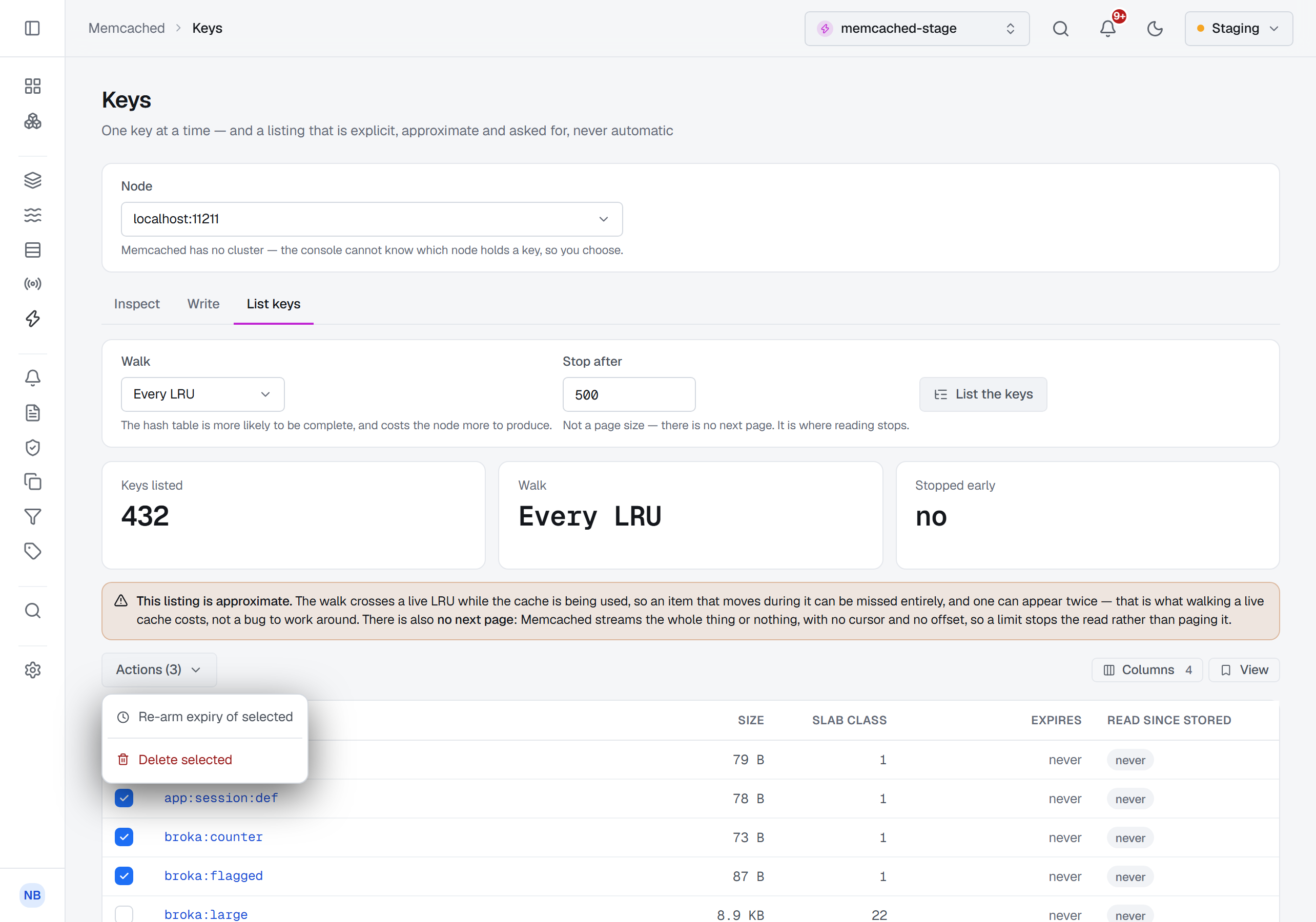 Keys › List keys on memcached-stage, node localhost:11211: 432 keys listed by an Every LRU walk that did not stop early, the warning that the listing is approximate, and three keys ticked — app:session:def, broka:counter and broka:flagged — with the Actions (3) menu open on Re-arm expiry of selected and Delete selected.