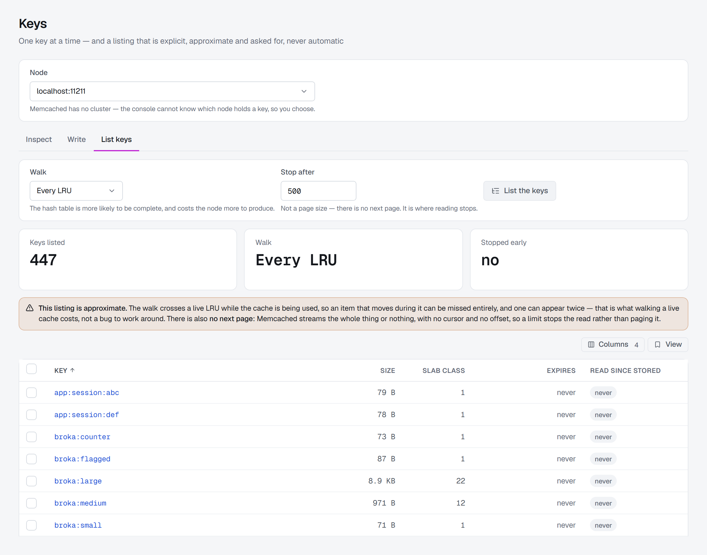 Keys › List keys on one node: the walk set to Every LRU with a stop limit, then keys listed, walk and stopped-early tiles, a warning that the listing is approximate, and the keys, each with a box to select it, with size, slab class, expiry and whether each was read since stored.