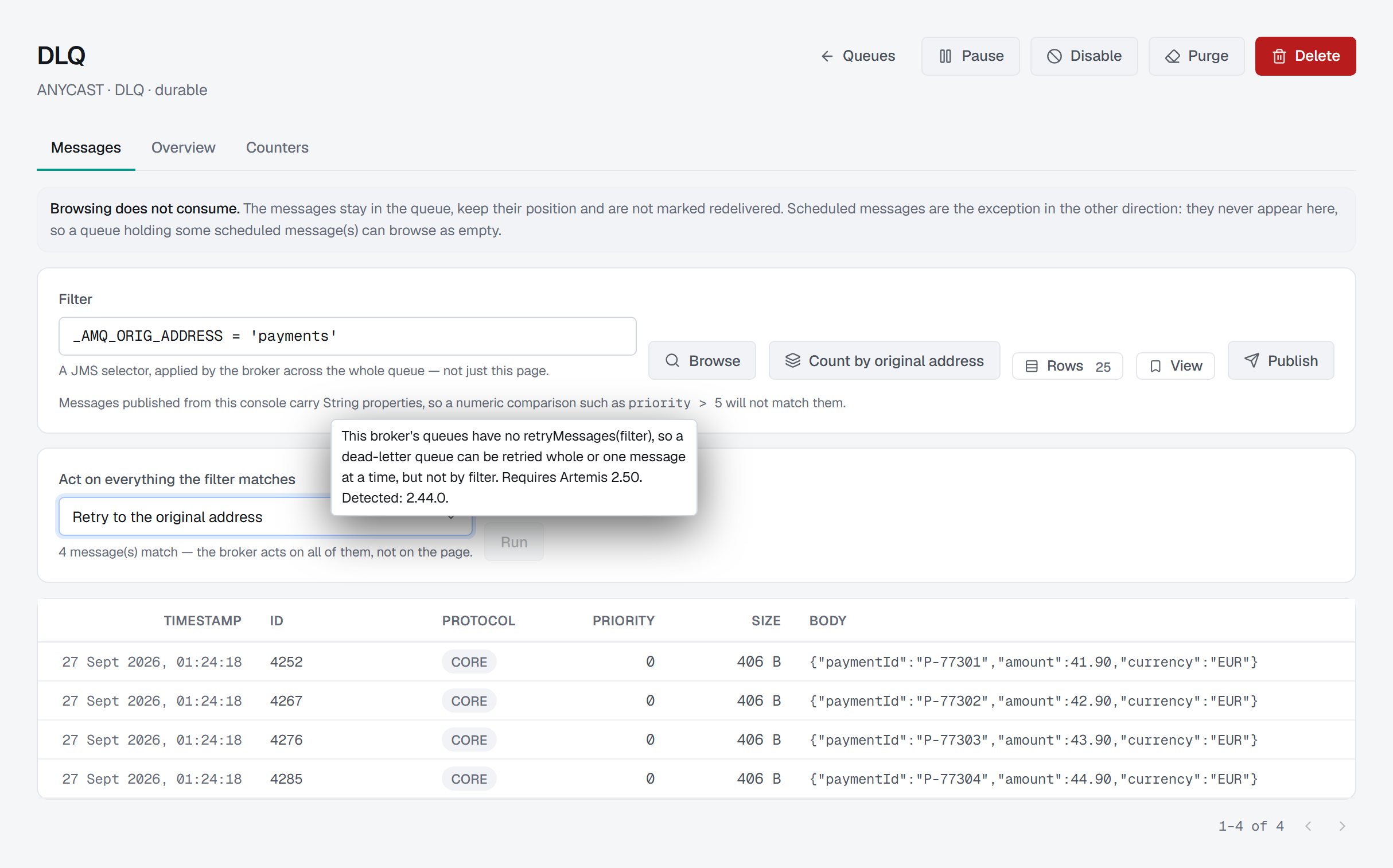 A dead-letter queue on Apache Artemis 2.44 with a filter set and Retry to the original address chosen: Run is greyed out, and hovering it says this broker's queues have no retryMessages(filter), so a dead-letter queue can be retried whole or one message at a time but not by filter — requires Artemis 2.50, detected 2.44.0.