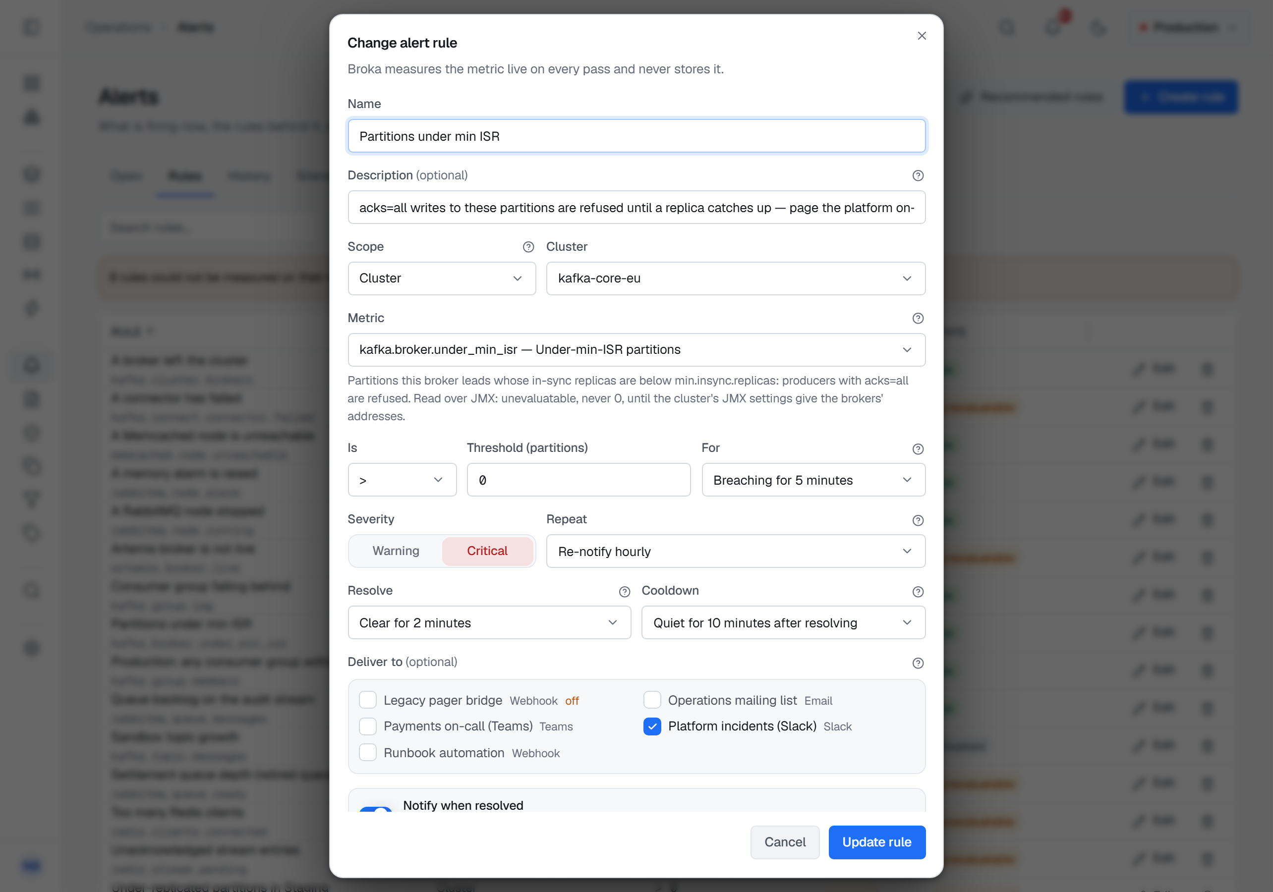The Change alert rule dialog for Partitions under min ISR on kafka-core-eu: the metric kafka.broker.under_min_isr with its description — read over JMX, unevaluatable rather than 0 until the brokers' JMX addresses are known — the comparison above 0 breaching for 5 minutes, Critical, re-notified hourly, Resolve after 2 minutes clear and quiet for 10 minutes after resolving, delivered to the Slack channel, with Update rule.