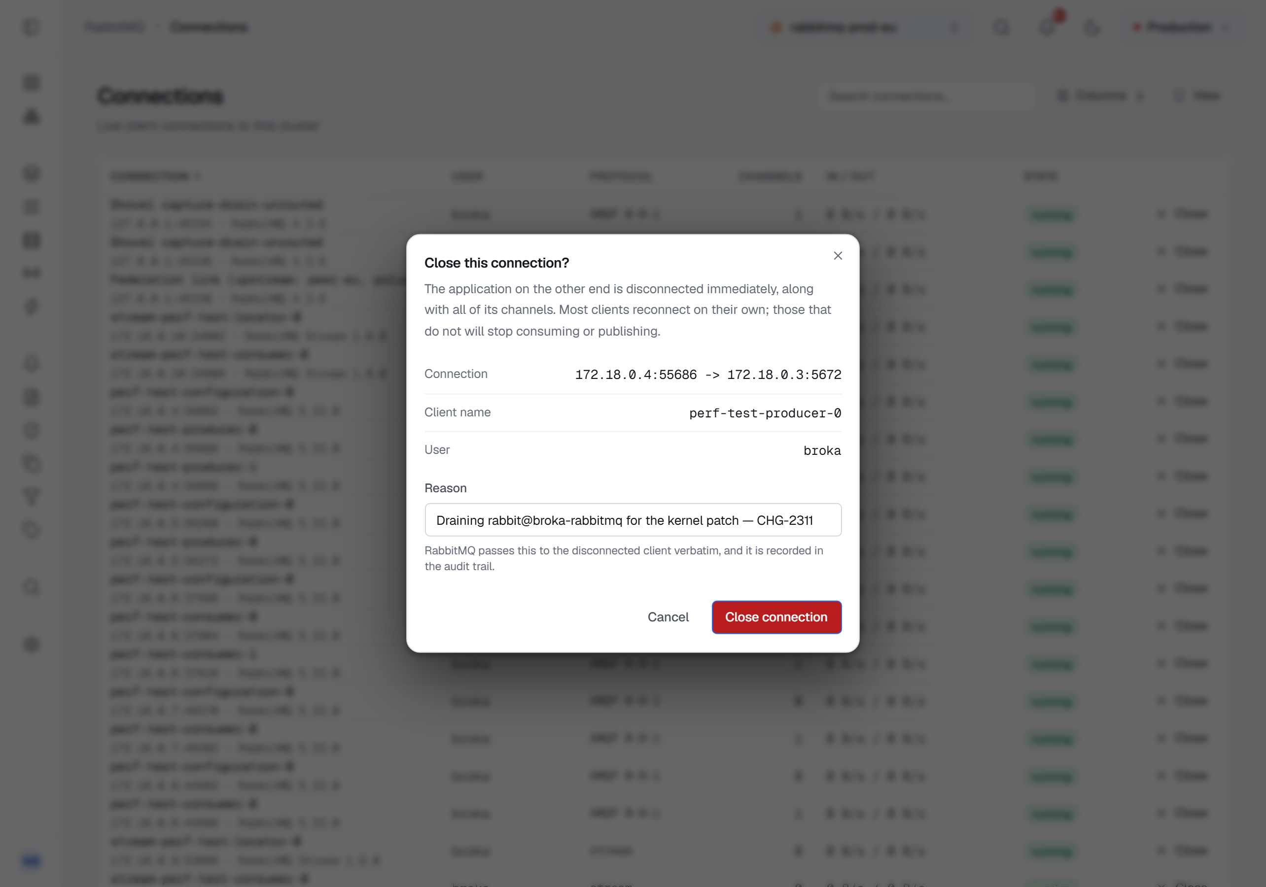 The Close this connection? dialog over the Connections list: the application on the other end is disconnected immediately along with all of its channels, then the connection 172.18.0.4:55686 -> 172.18.0.3:5672, the client name perf-test-producer-0 and the user broka, a Reason reading Draining rabbit@broka-rabbitmq for the kernel patch — CHG-2311 with the note that RabbitMQ passes it to the client verbatim and records it in the audit trail, and Cancel beside Close connection.