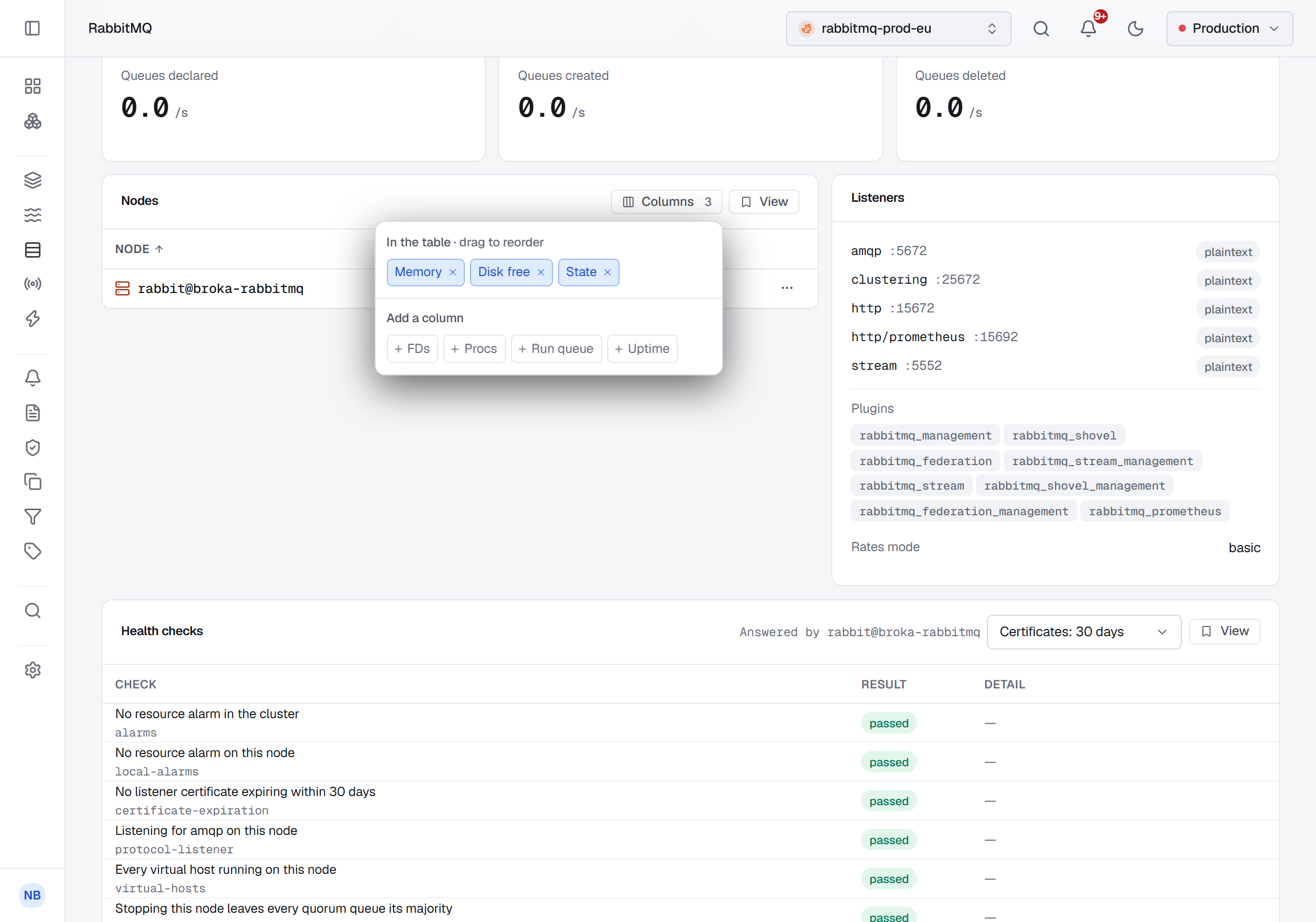 The Nodes card's Columns menu open on the RabbitMQ Overview of rabbitmq-prod-eu: Memory, Disk free and State in the table, in an order you can drag, and FDs, Procs, Run queue and Uptime offered under Add a column — beside the Listeners card and above the Health checks.