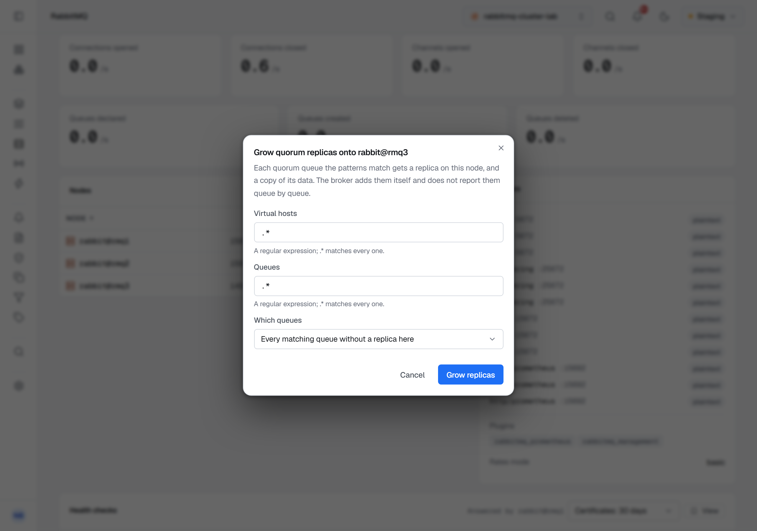 The Grow quorum replicas onto rabbit@rmq3 dialog over the dimmed Overview: the sentence on what a grow does, Virtual hosts and Queues each set to .* with the hint that .* matches every one, Which queues set to Every matching queue without a replica here, and Cancel beside Grow replicas.
