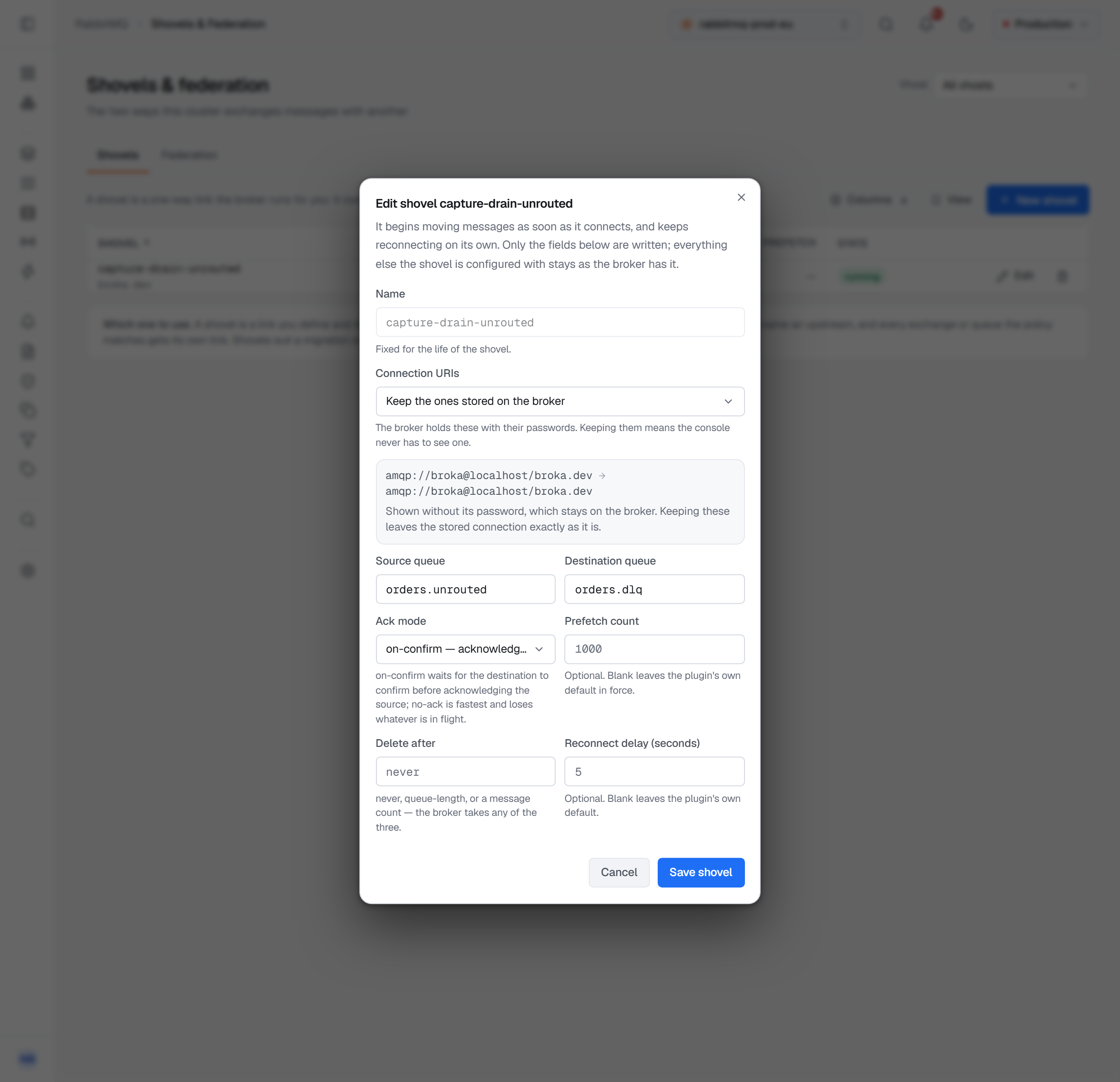 The Edit shovel capture-drain-unrouted dialog: the name greyed out as Fixed for the life of the shovel, Connection URIs set to Keep the ones stored on the broker with both URIs shown as amqp://broka@localhost/broka.dev and the note that they are shown without the password, which stays on the broker, source queue orders.unrouted, destination queue orders.dlq, ack mode on-confirm, the optional Prefetch count, Delete after and Reconnect delay fields, and Cancel beside Save shovel.