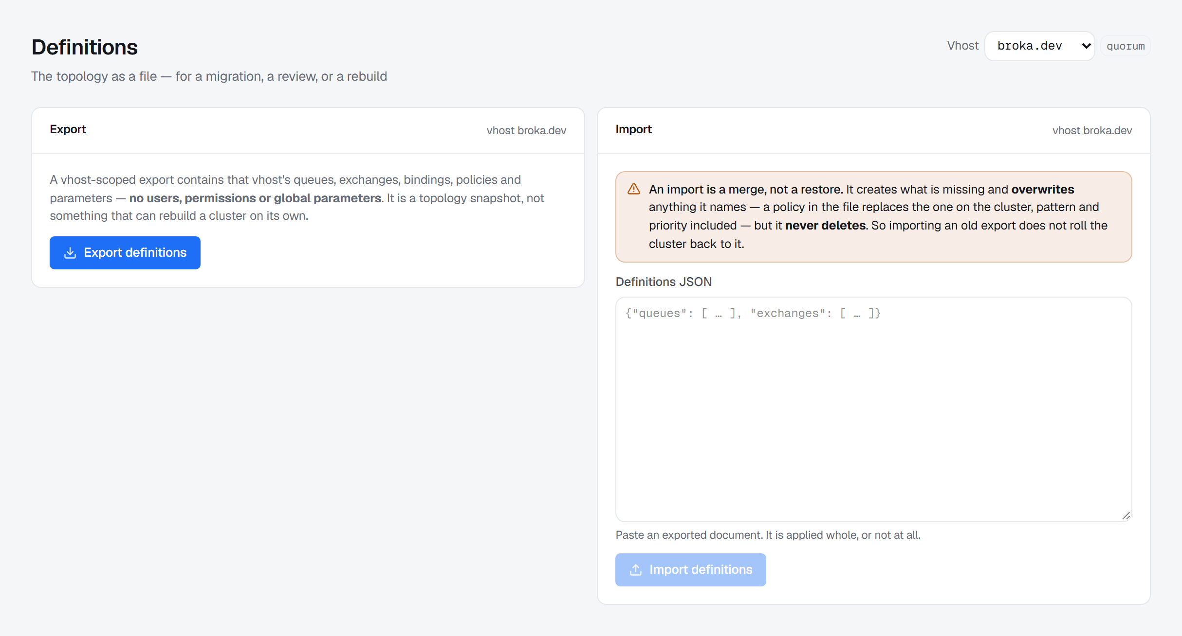 The Definitions screen for vhost broka.dev: an Export card explaining what a vhost-scoped export contains, and an Import card with a warning that an import is a merge, a JSON field and a disabled Import definitions button.