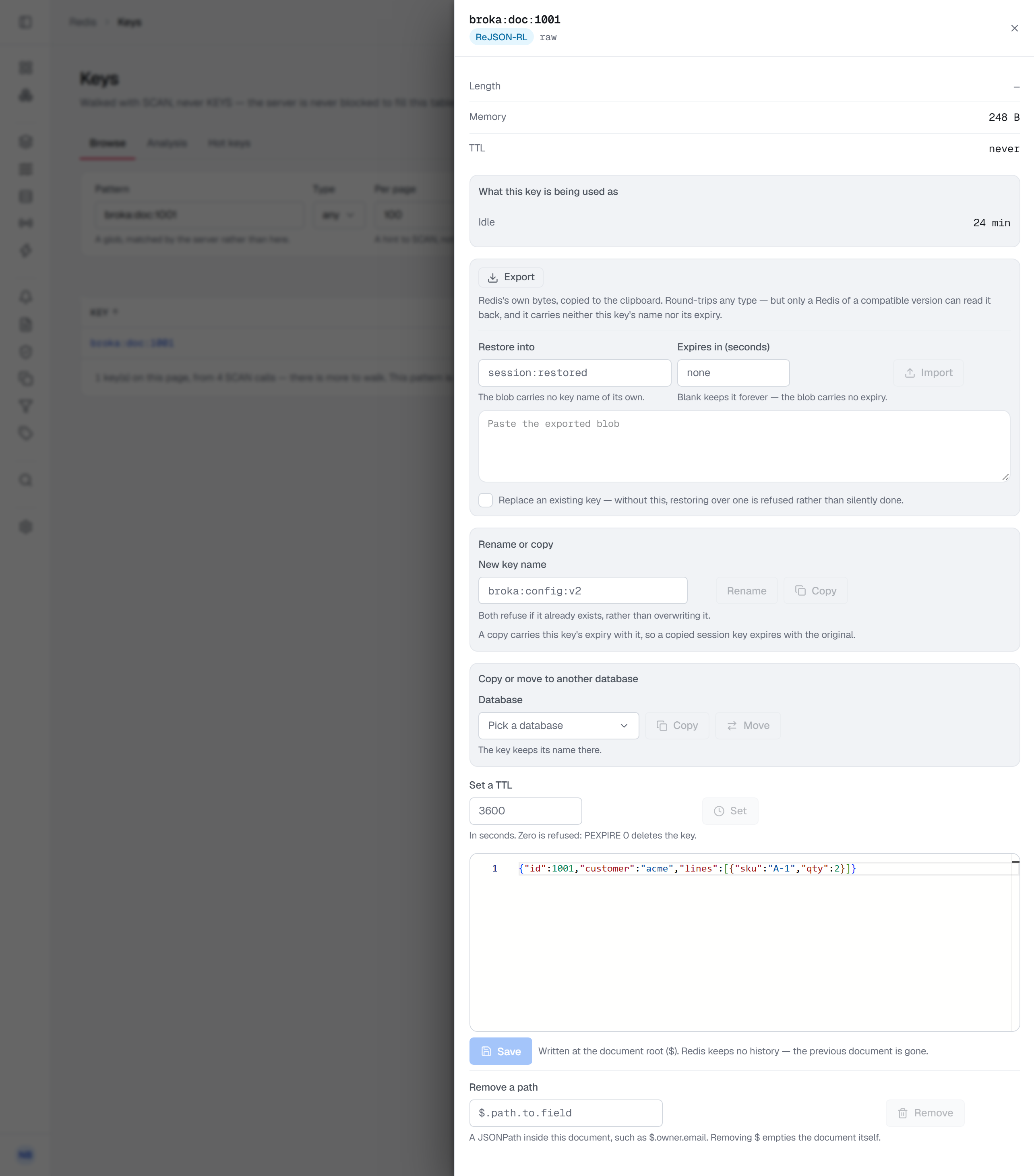 The sheet of the JSON key broka:doc:1001, typed ReJSON-RL with encoding raw — length —, 248 B, TTL never — with Export and Restore, Rename or copy, Copy or move to another database and Set a TTL above the document itself, {"id":1001,"customer":"acme","lines":[{"sku":"A-1","qty":2}]}, in a JSON editor; below it Save, with the note that the document is written at its root ($) and Redis keeps no history, and Remove a path, a JSONPath field with the hint "such as $.owner.email. Removing $ empties the document itself." beside Remove.