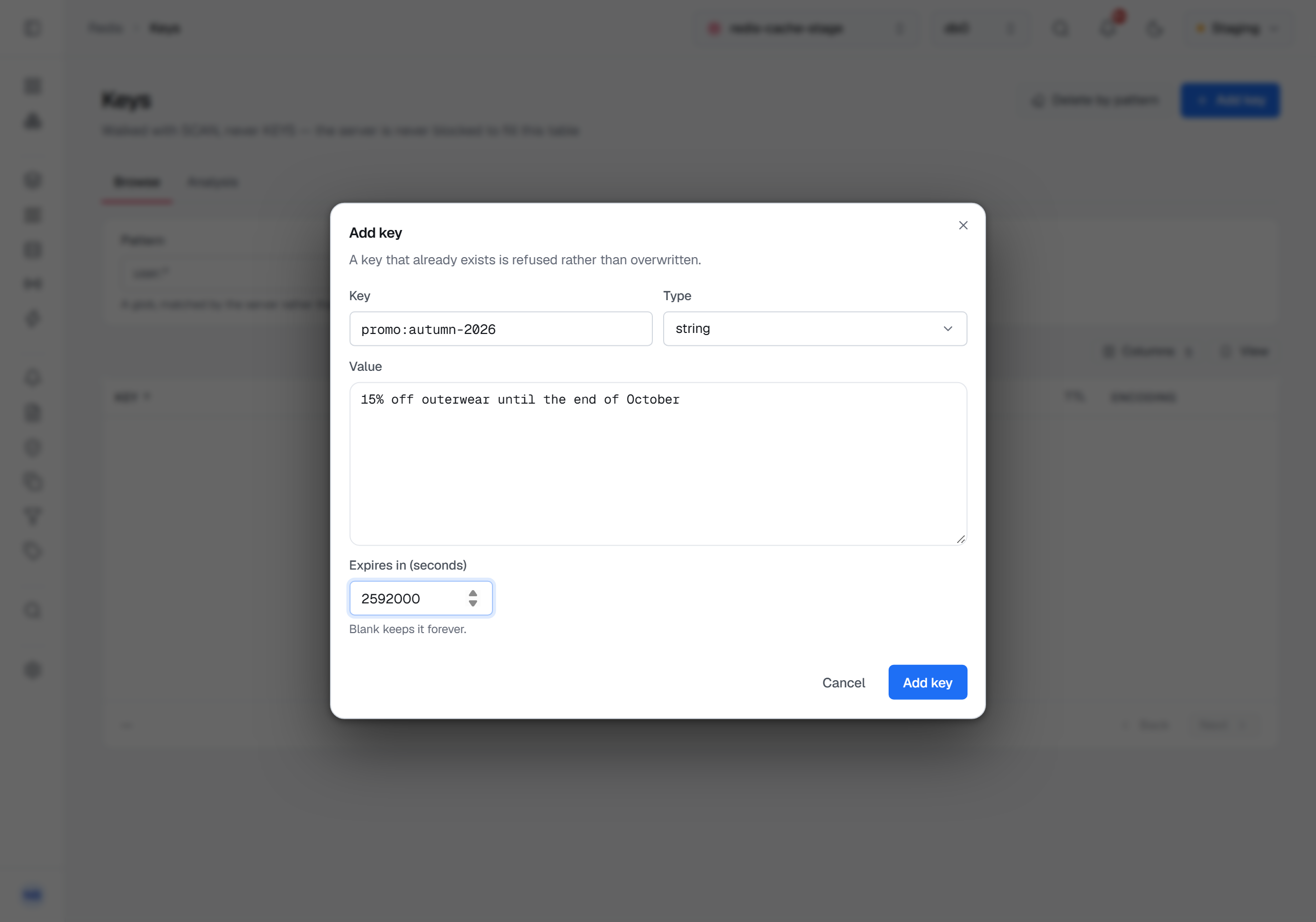 The Add key dialog over the Keys screen: the name promo:autumn-2026, the type string, a value, and an expiry of 2592000 seconds, above a note that blank keeps a key forever, with Cancel and Add key.