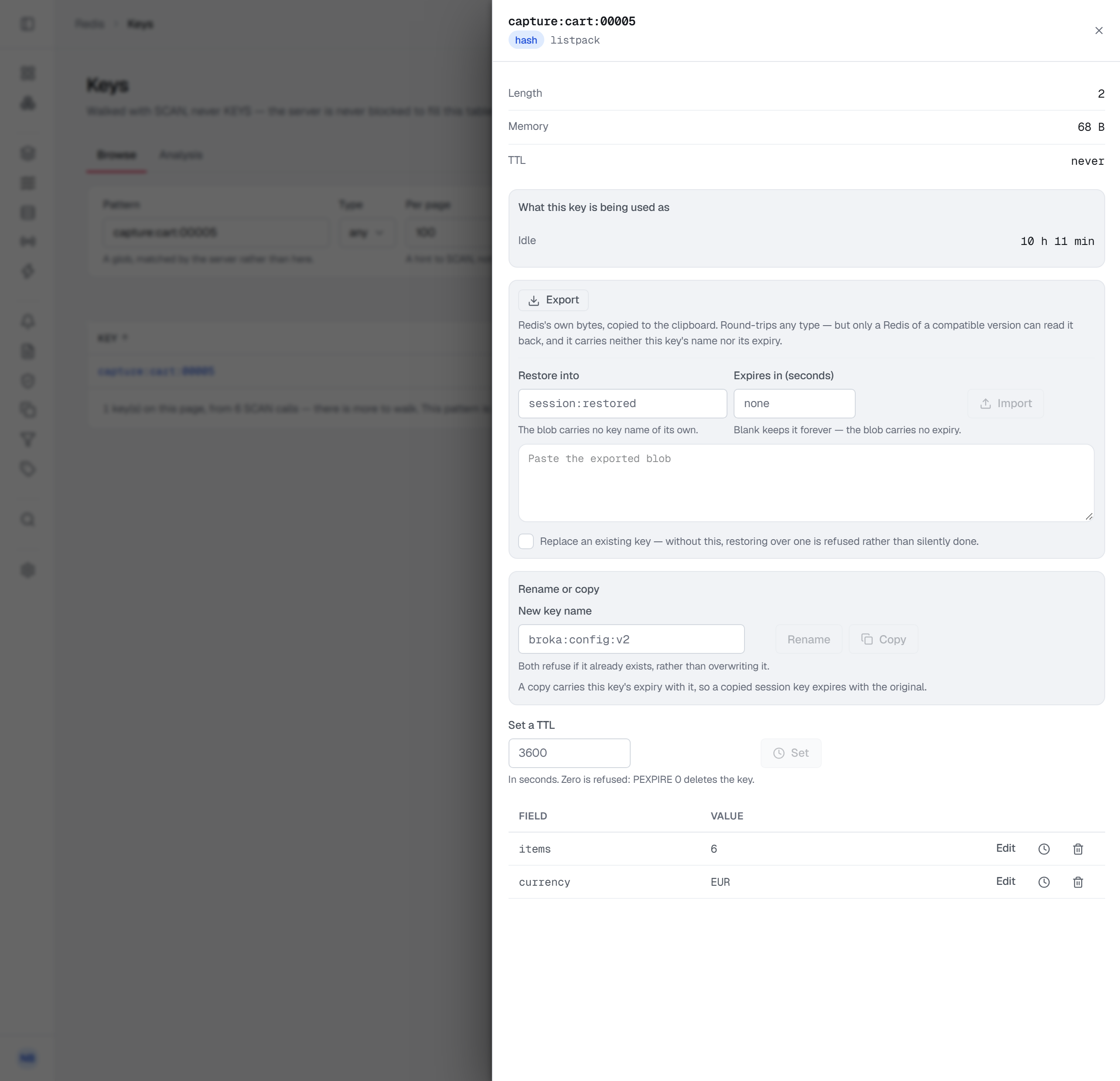 A hash key's sheet: length, memory and TTL, what the key is being used as, an Export and Restore section, Rename or copy, Set a TTL, and the hash fields with Edit, expire and delete actions per field.