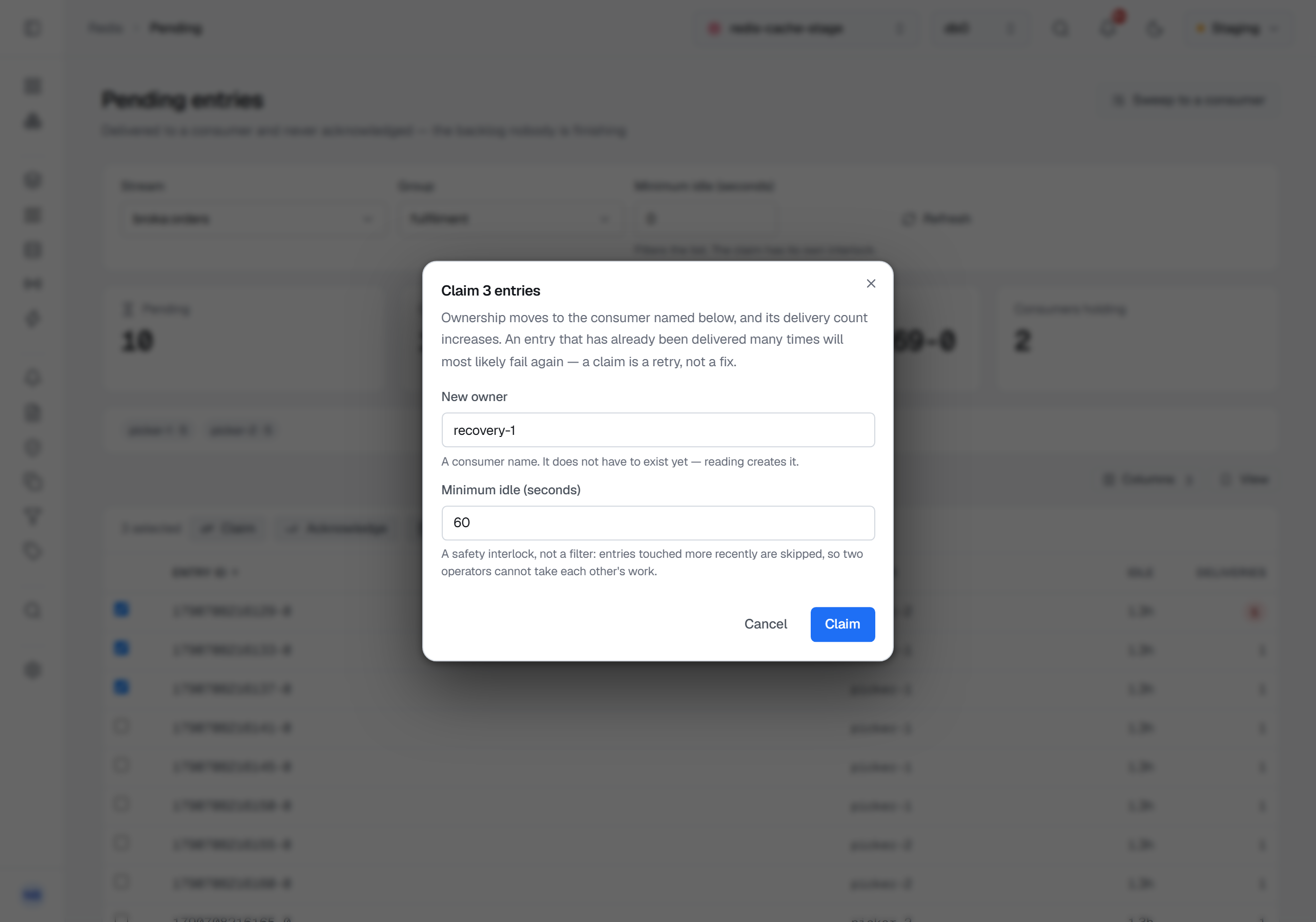 The Claim 3 entries dialog over the Pending entries screen, three rows ticked behind it: a sentence that ownership moves and the delivery count increases, New owner recovery-1 — a consumer that does not have to exist yet — and Minimum idle (seconds) at 60, described as a safety interlock, not a filter.