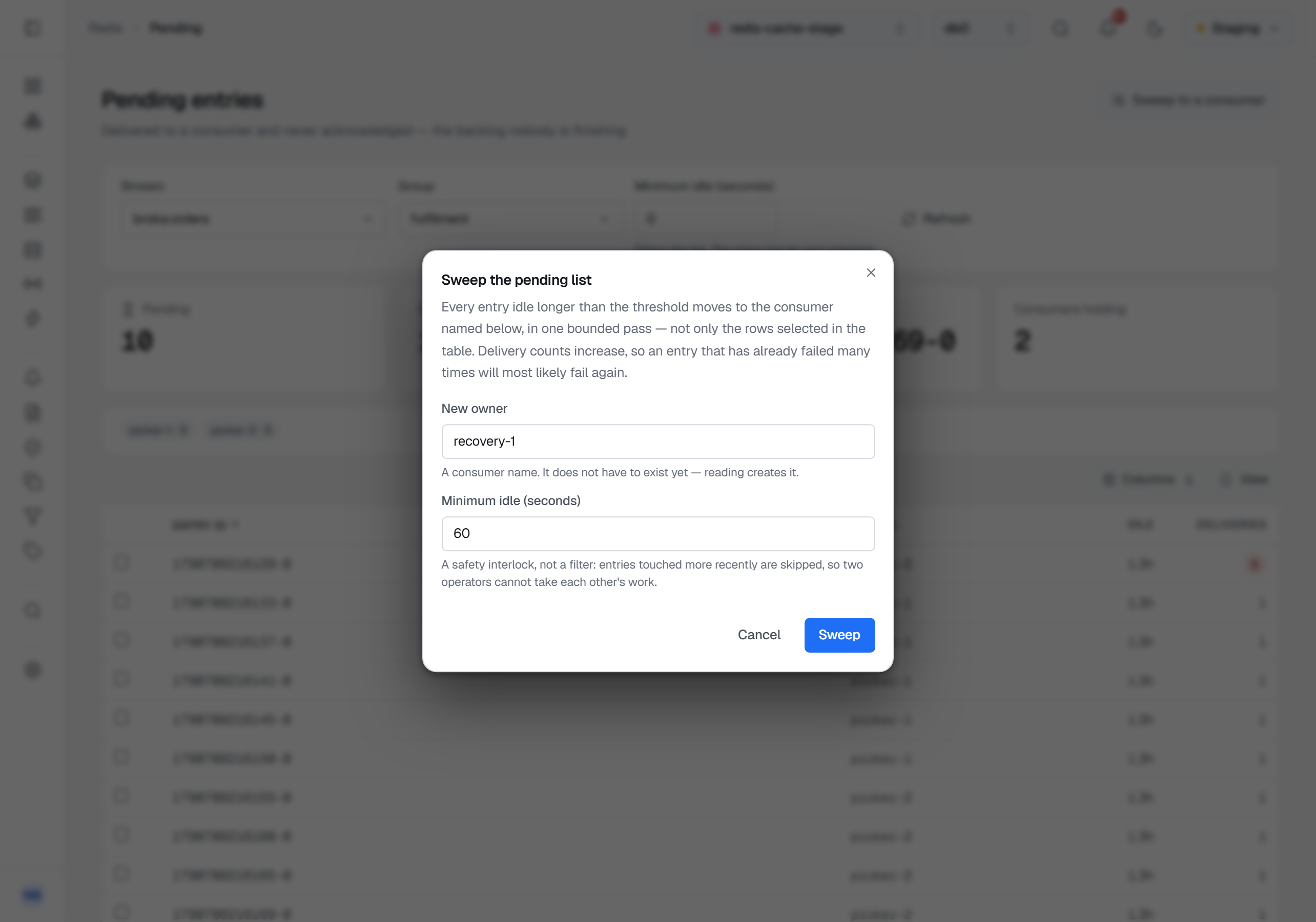 The Sweep the pending list dialog over the Pending entries screen: every entry idle longer than the threshold moves to the named consumer in one bounded pass, not only the rows selected; New owner recovery-1 and Minimum idle (seconds) at 60, with the same interlock hint.