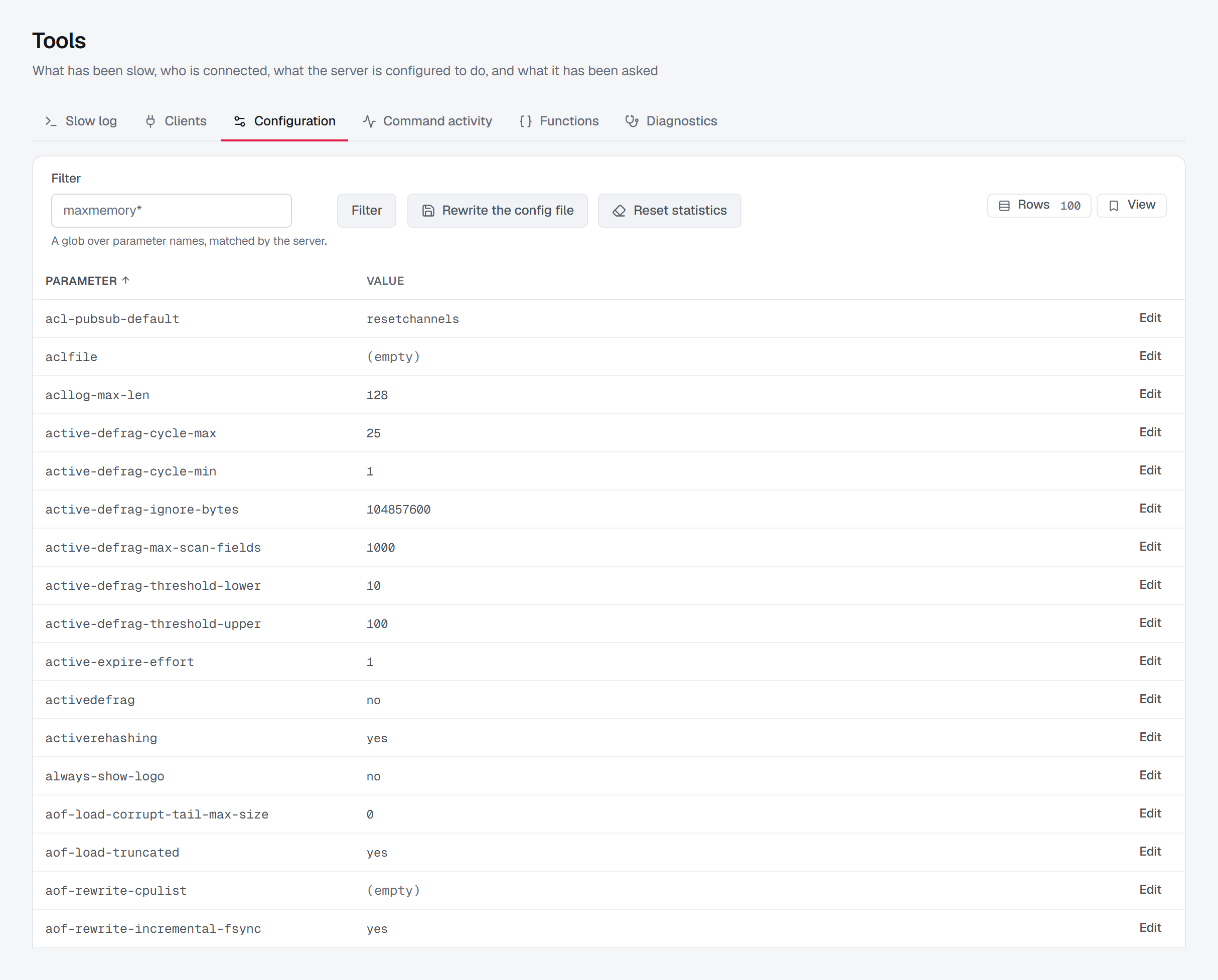 Tools › Configuration: a Filter box over parameter names, matched by the server, beside Rewrite the config file and Reset statistics, then the parameters by name with their values — aclfile and aof-rewrite-cpulist reading (empty) — each with an Edit action.